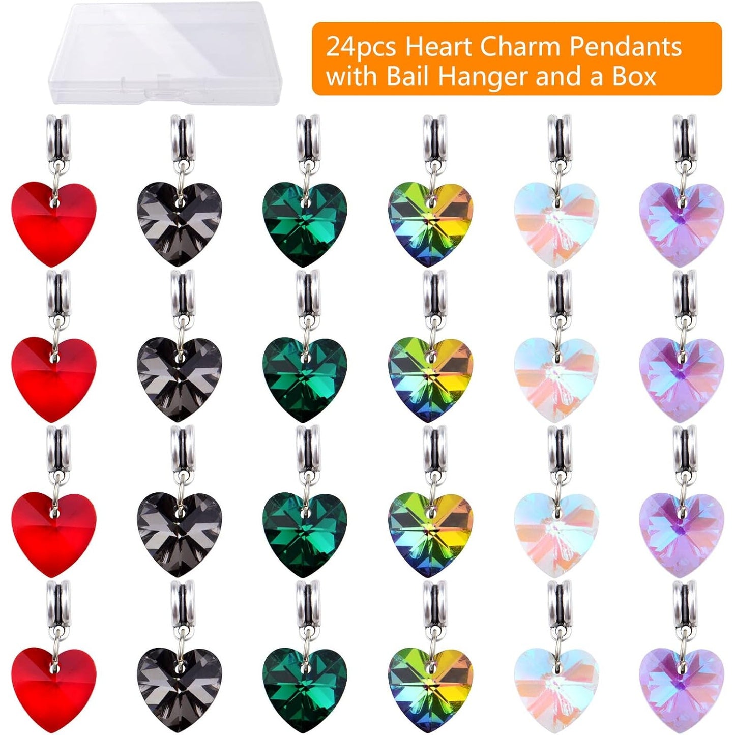 24pcs 6 Colors Heart Shaped Dangle Pendants Charms Faceted Crystal Heart Bead Charms with Bail Hanger for DIY Necklace Earrings Bracelets Jewelry Making
