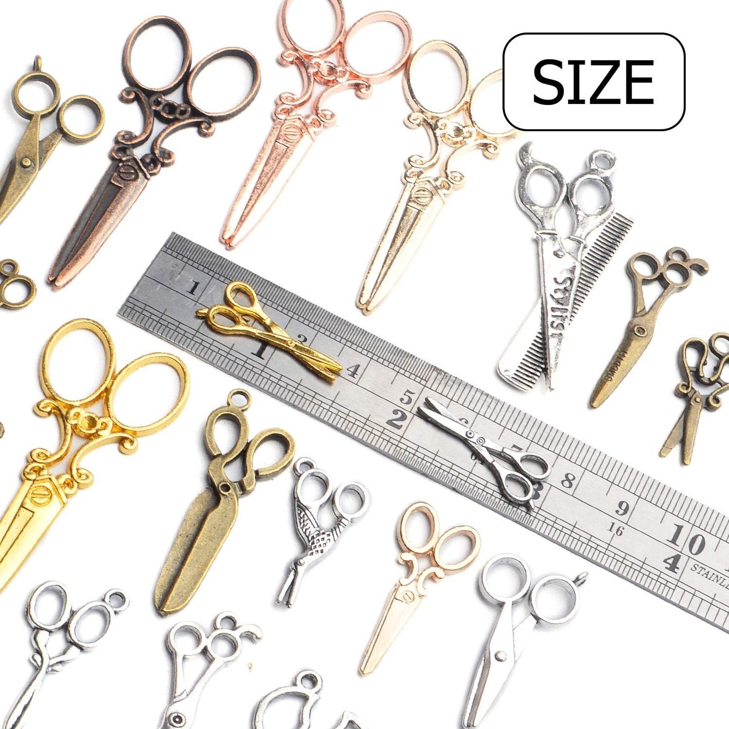 Scissors Charms Collection, 100g(About 40-60pcs) Mixed Alloy Scissors Pendants Tool Charms Set for DIY Necklace Bracelet Making Crafting, 1.5-7cm