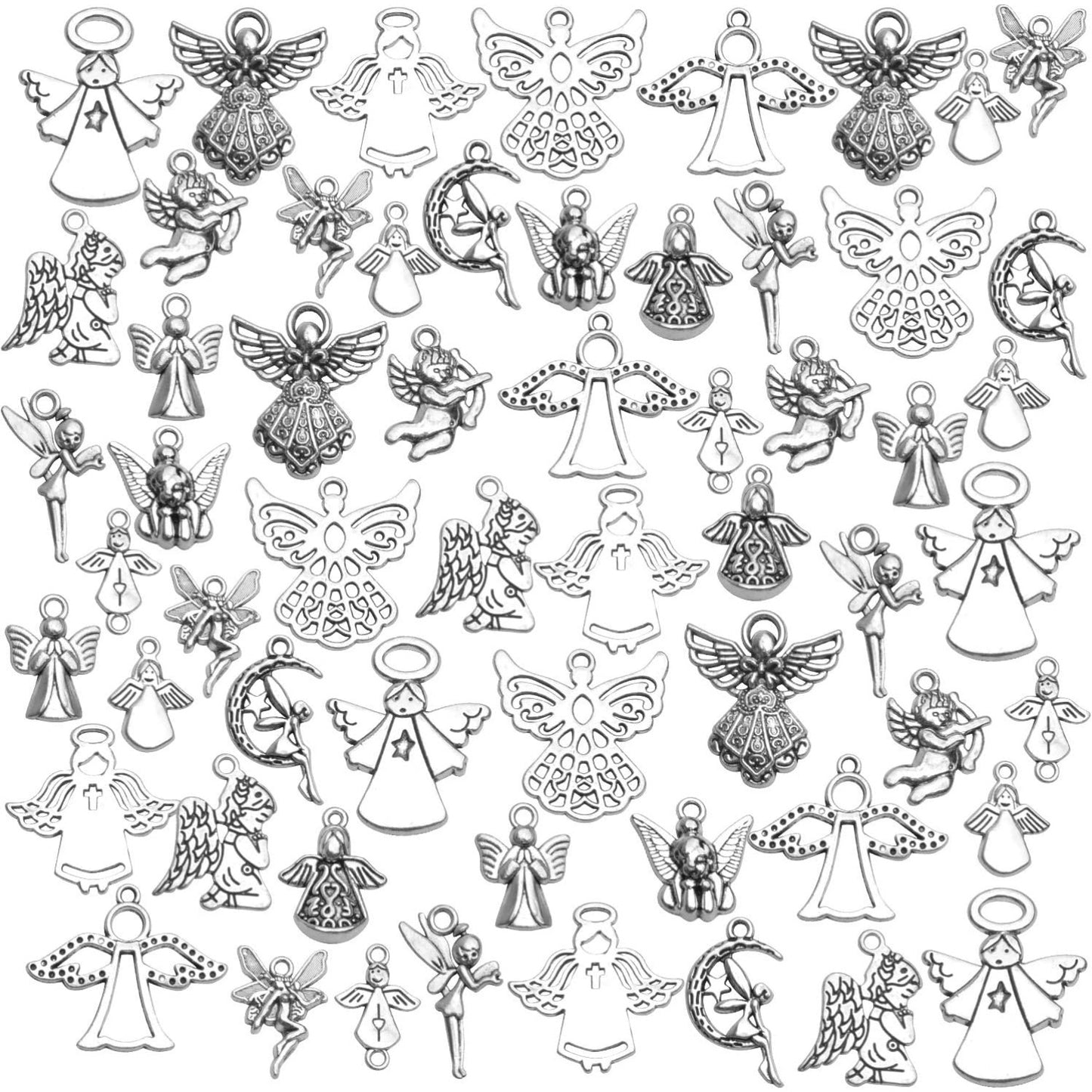 Angel Pendant Charms,56pcs Antique Silver Angel Charms Alloy Tibetan Crafts Supplies for DIY Jewellery Necklace Earring Making,Mixed Styles