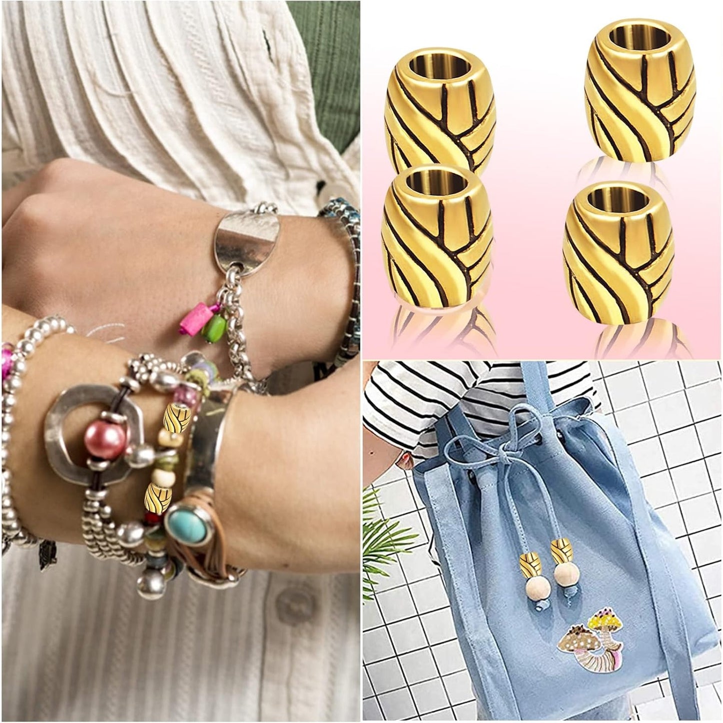50pcs Antique Golden Large Hole Spacer Beads Alloy Column Tube Beads Loose Barrel Beads Jewelry Findings for DIY Bracelet Necklace Handmade Decor, Hole: 4.7 mm