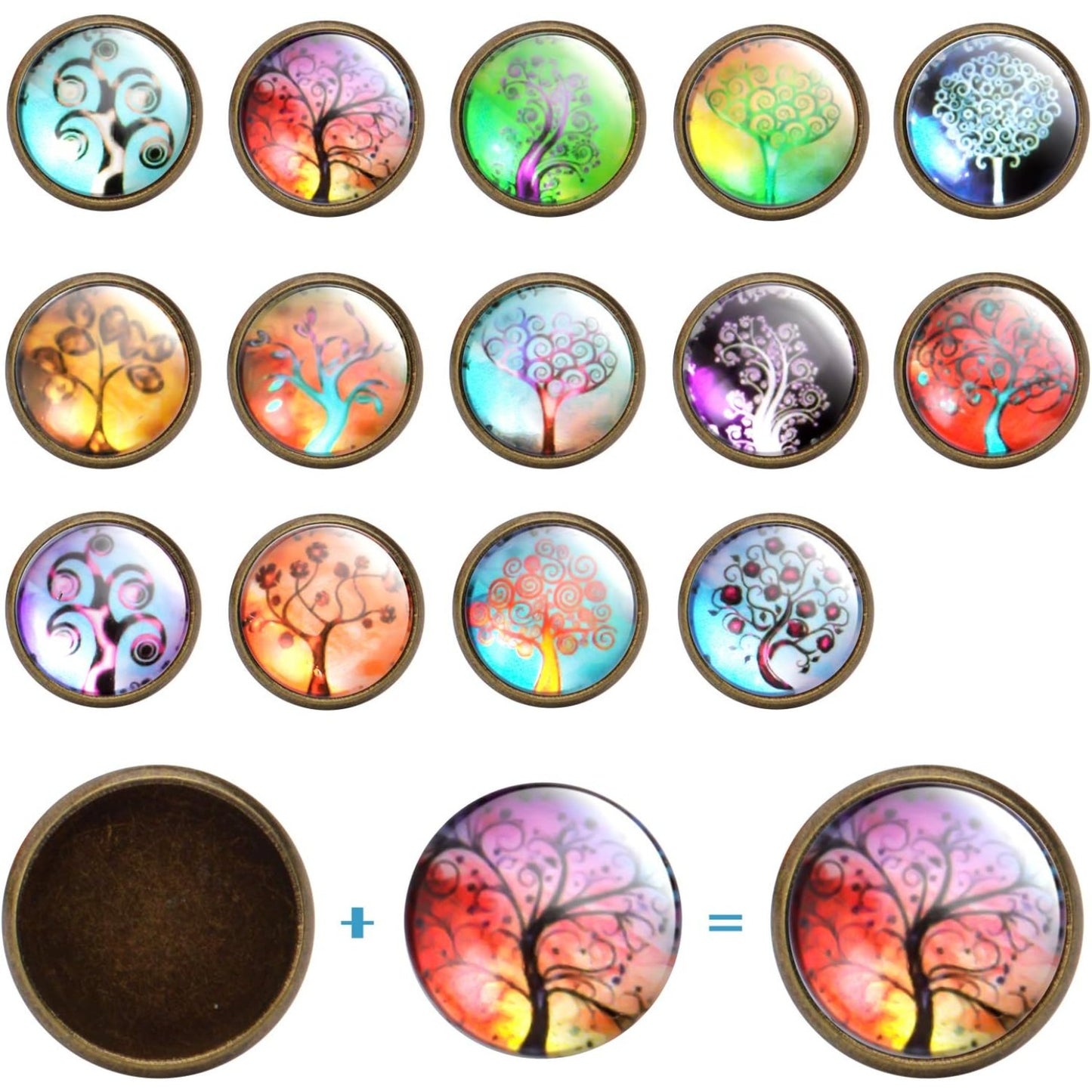 Glass Dome Cabochons, 50pcs 14 Styles Tree of Life Pattern Flatback Resin Cabochons (12mm) with 10pcs Bronze Stud Earring Bezel and 10pcs Clear Earring Backs for Jewelry Making