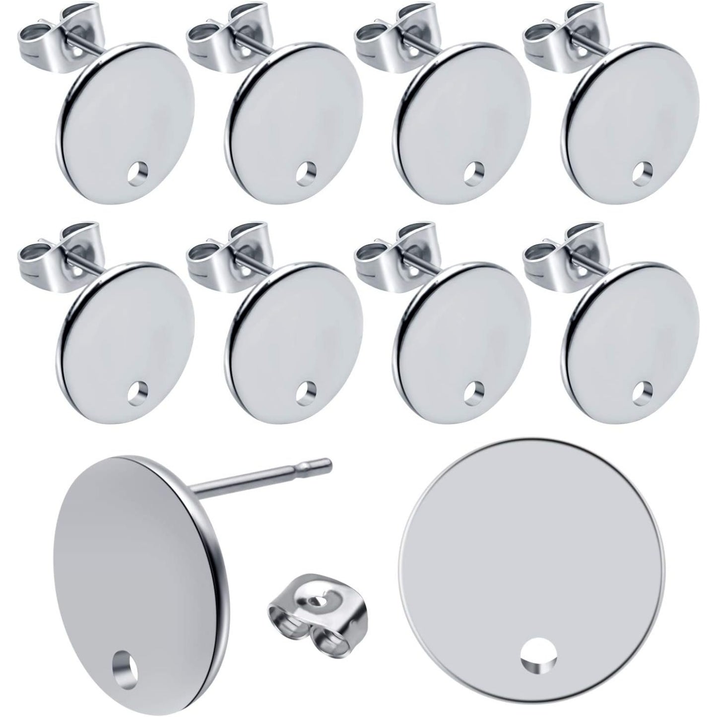 12mm Stud Earring Findings, 20pcs Stainless Steel Round Earring Studs Blank Earring Post with Loop and 20pcs Butterfly Earring Backs for Earring Making