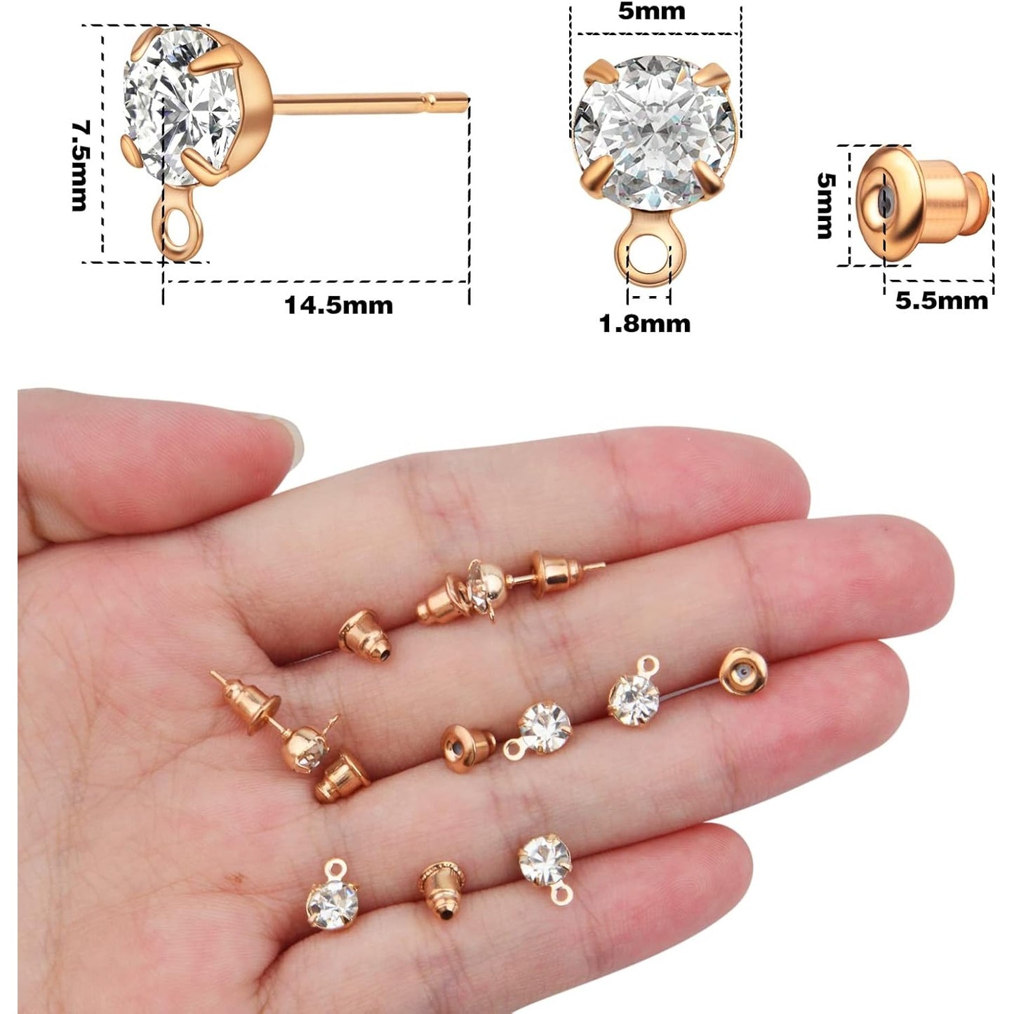 50pcs Rhinestone Earring Studs Hypoallergenic Crystal Earring Posts with Loop and 50pcs Bullet Earring Stoppers Replacement for DIY Jewelry Making(KC Golden)
