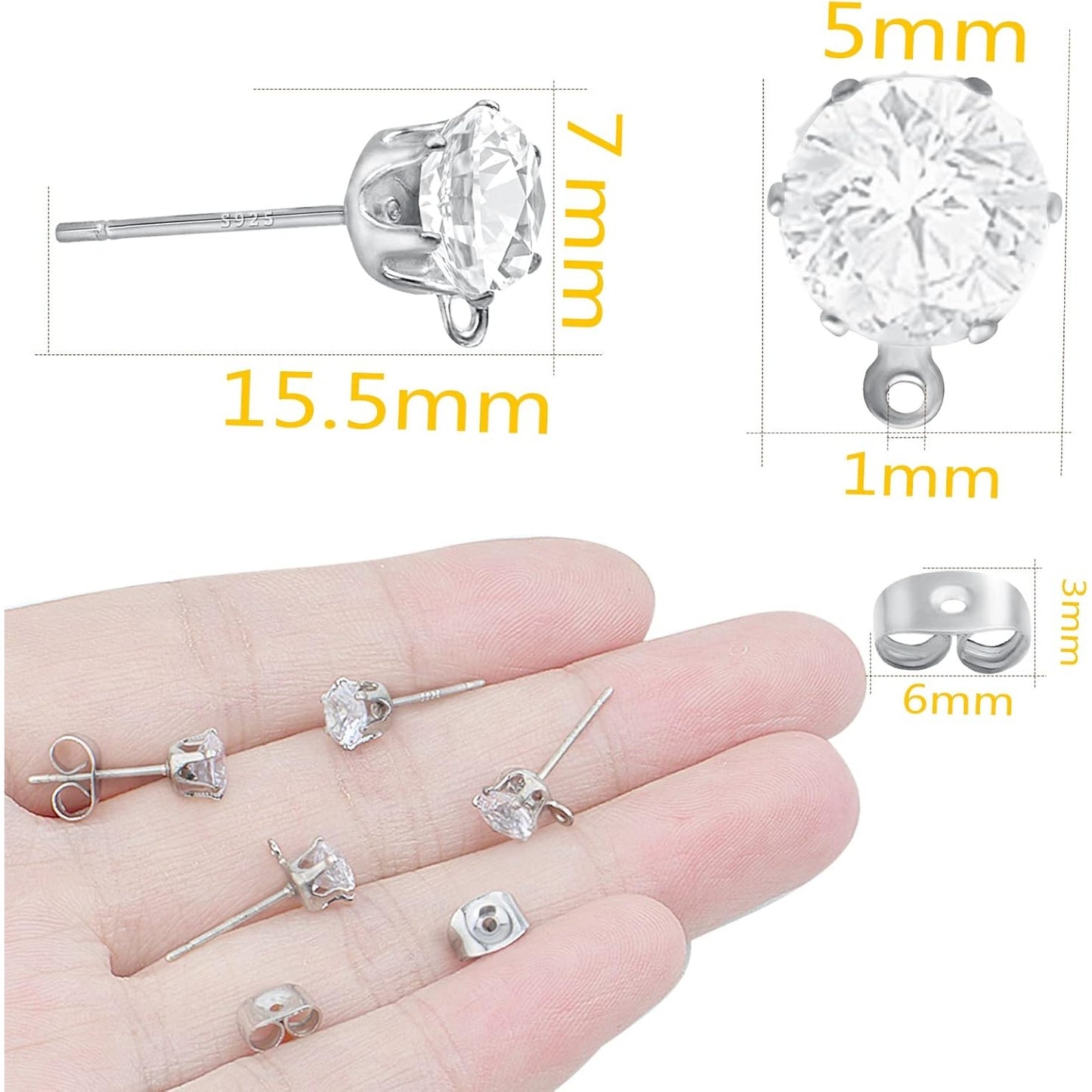 40pcs Crystal Rhinestone Earring Posts with Loop Cubic Zirconia Stud Earrings and 40pcs Earring Stoppers for DIY Jewelry Making Party Favor Gifts