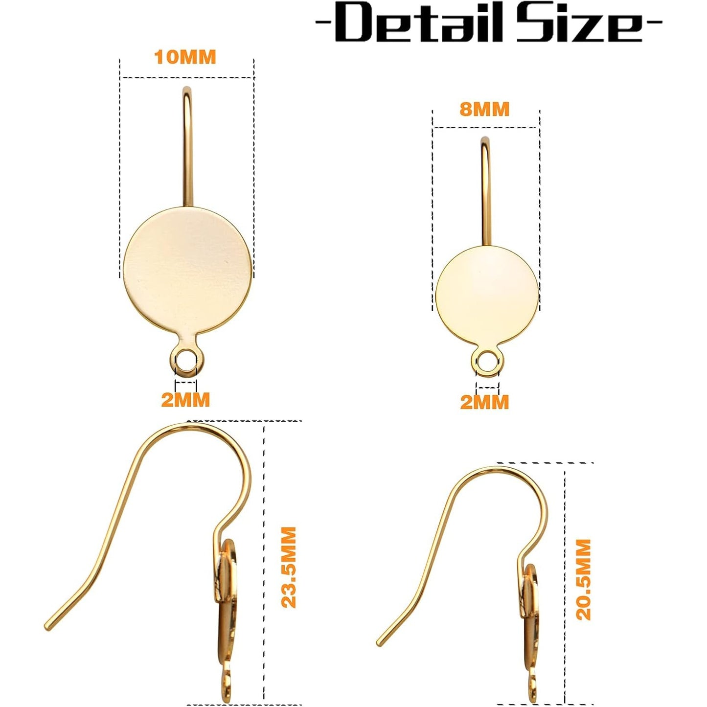 12pcs Gold Plated Flat Round Earring Hooks Brass French Fish Hooks Earrings Hypoallergenic Ear Wire with Loop Hole Dangle Earrings Connector for DIY Jewelry Making, 2 Sizes