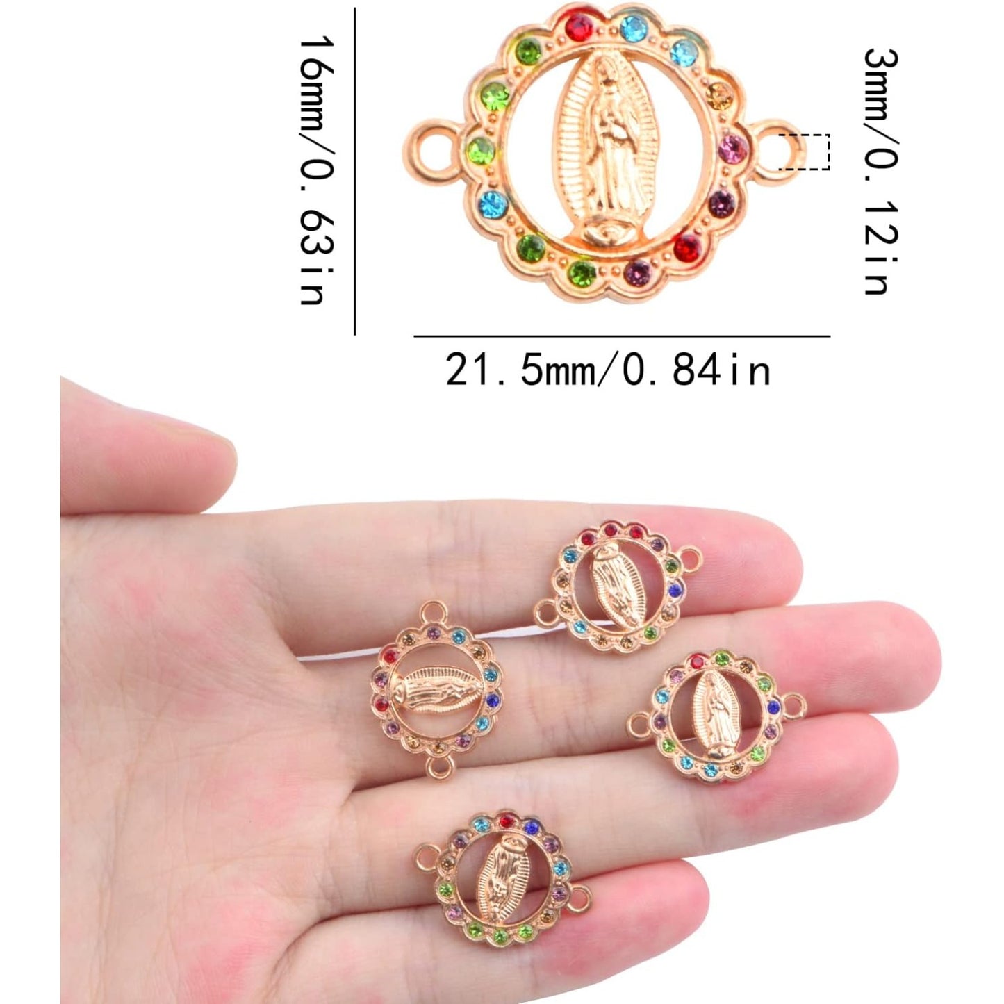 30pcs Alloy Enamel Colorful Rhinestones Virgin Mary Link Miraculous Medal Charms Our Lady Rosary Center Crucifix Bracelet Connector Pendants for DIY Jewelry Making Supplies