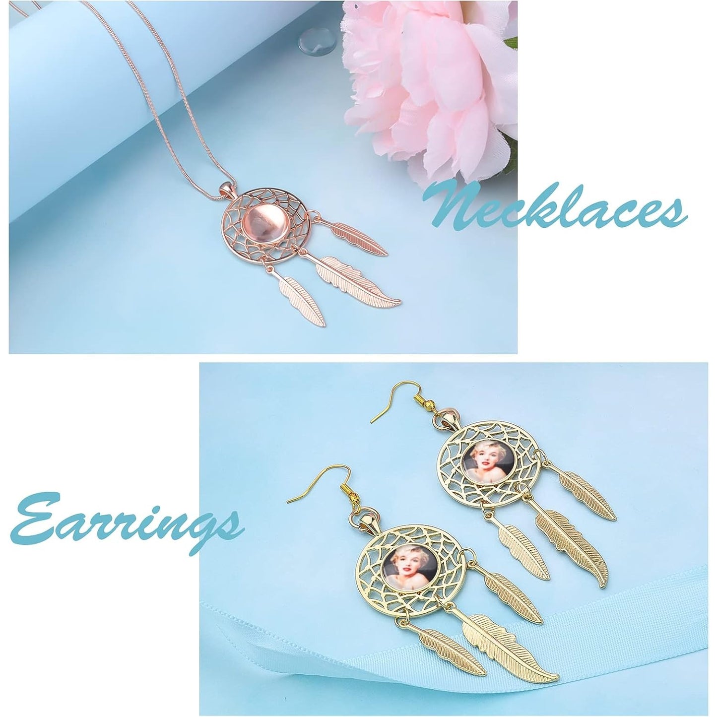 8 Sets Dream Catcher Pendant Trays Dangling Dreamcatcher Charms Feather Filigree Pendants Ornament with Clear Dome Glass Cabochons for DIY Jewelry Making, 4 Colors