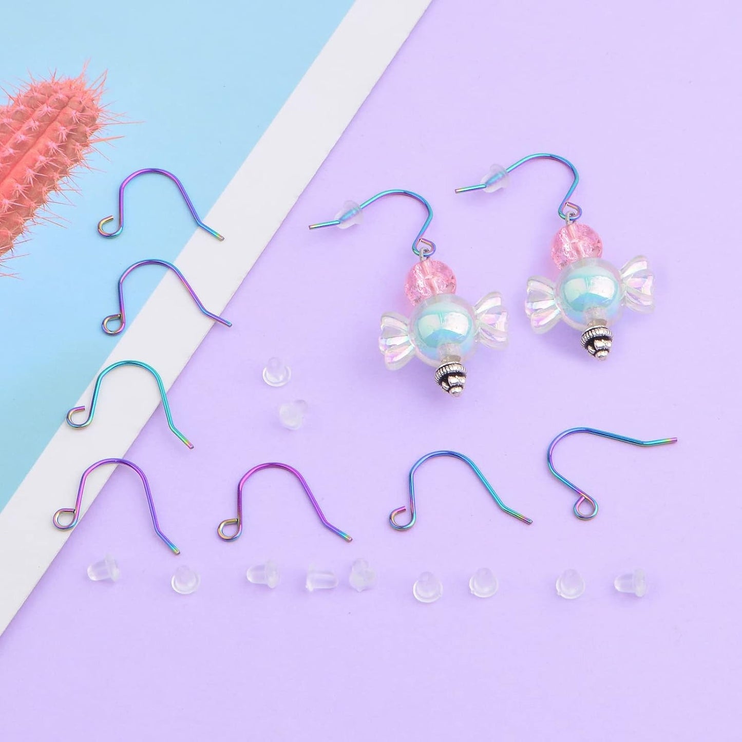 50pcs Stainless Steel Earring Hooks Hypoallergenic Ear Wire Fish Hooks and 50pcs Clear Silicone Earring Backs for DIY Earrings Jewelry Making Findings, Rainbow Color