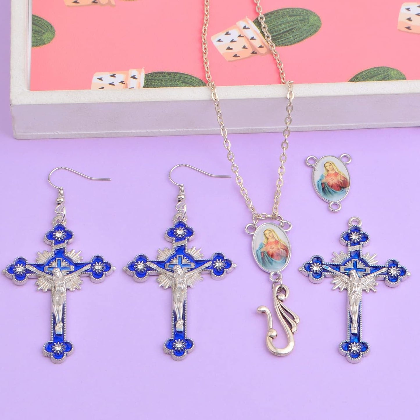 20pcs/10 Sets Catholic Rosary Cross and Center Miraculous Medal Charms Alloy Enamel Cross Crucifix Pendants Picture Jesus Our Lady Chandelier Links for Rosary Beads Necklace Jewelry Making