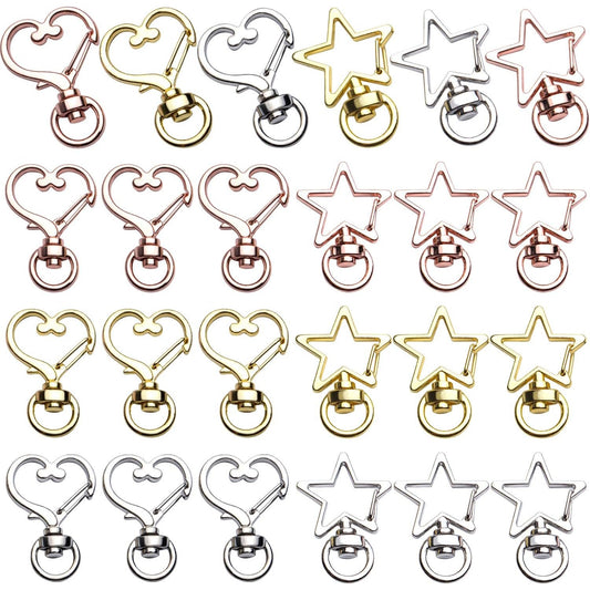 Lobster Claw Clasps, 24pcs Metal Swivel Claw Clasps Star and Heart Shape Snap Hook with Key Rings Swivel Lanyard Clips for Bag Keychain DIY Crafts, Golden, Silver, Rose Golden, 34x24mm