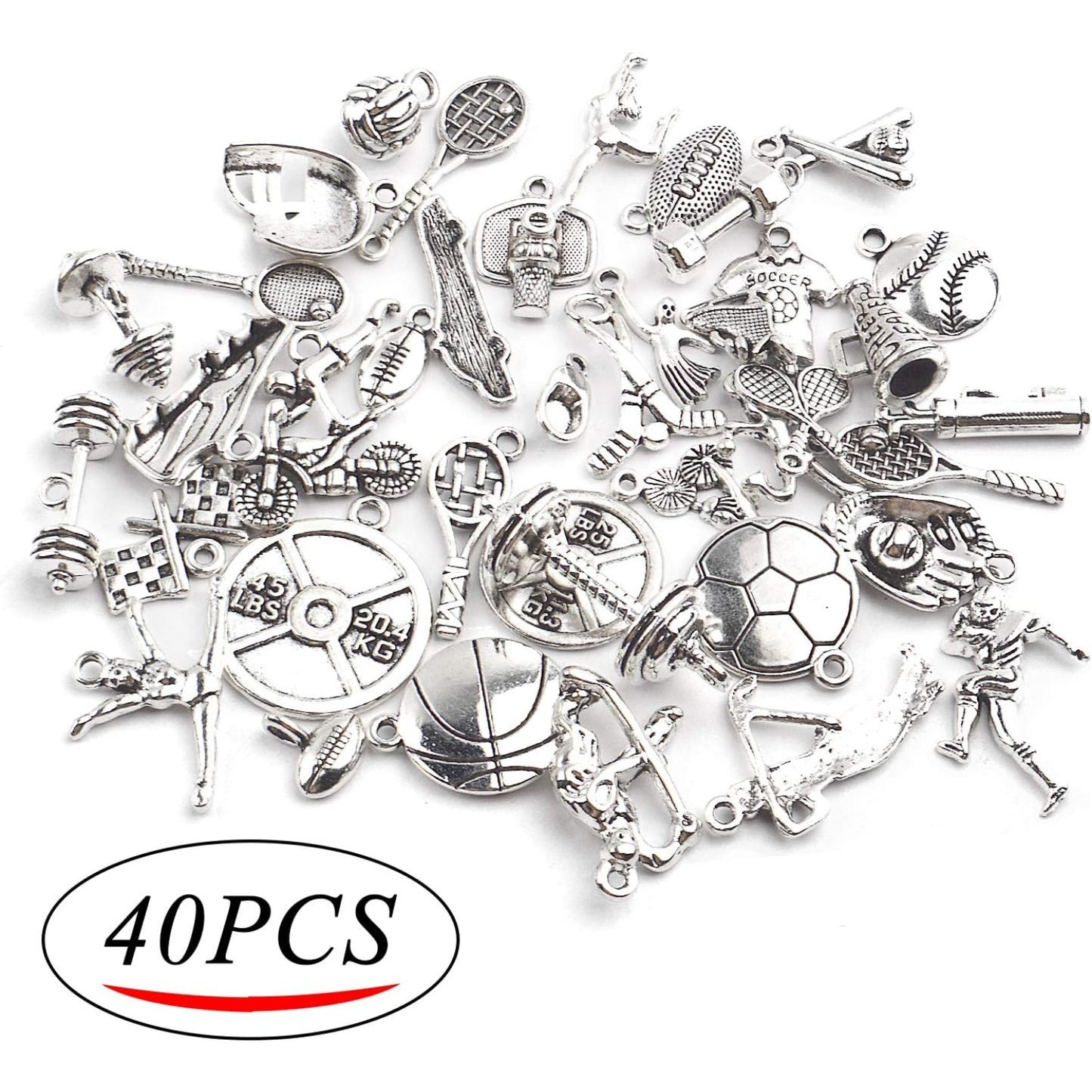 Ball Sports Charms, 40pcs Mixed Alloy Sport Theme Baseball Football Bat Glove Craft Charms Pendants Jewelry Findings for DIY Necklace Earrings Bracelet