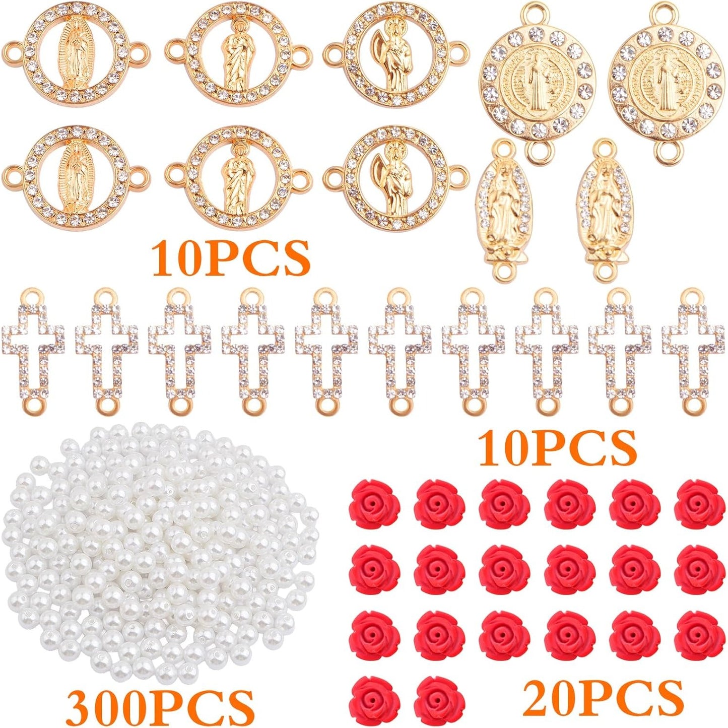 10pcs Golden Religious Cross Charms Connectors, 10pcs Virgin Mary Pendant Links, 20pcs Cinnabar Carved Red Rose Beads and 300pcs White Pearls for DIY Rosary Necklace Jewelry Making Supplies
