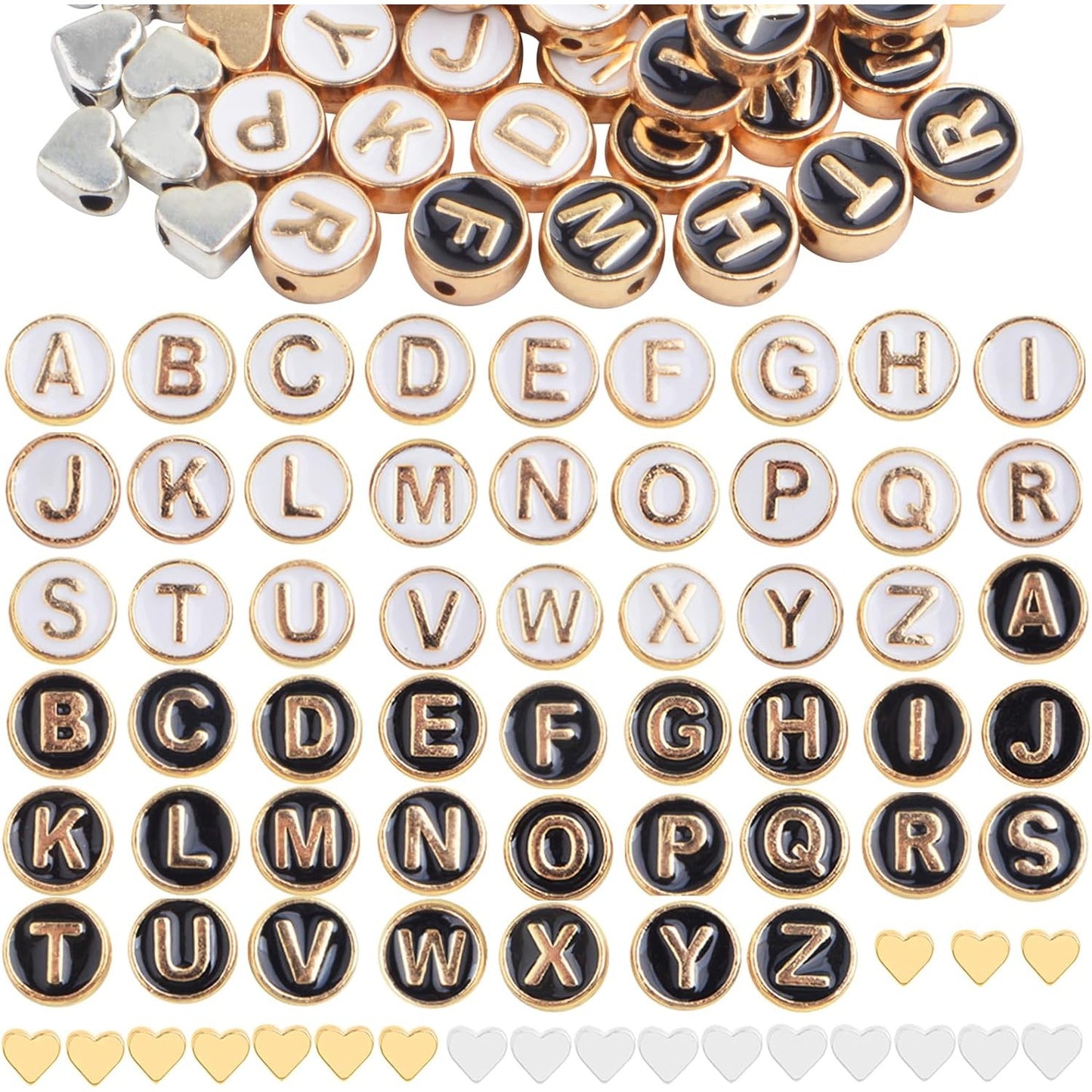 52pcs 2 Colors Enamel Alphabet Beads 8 mm Flat Round Initial Letter A-Z and 20pcs 2 Colors Alloy Heart Spacer Beads for DIY Bracelet, Necklace, Earrings Jewelry Making