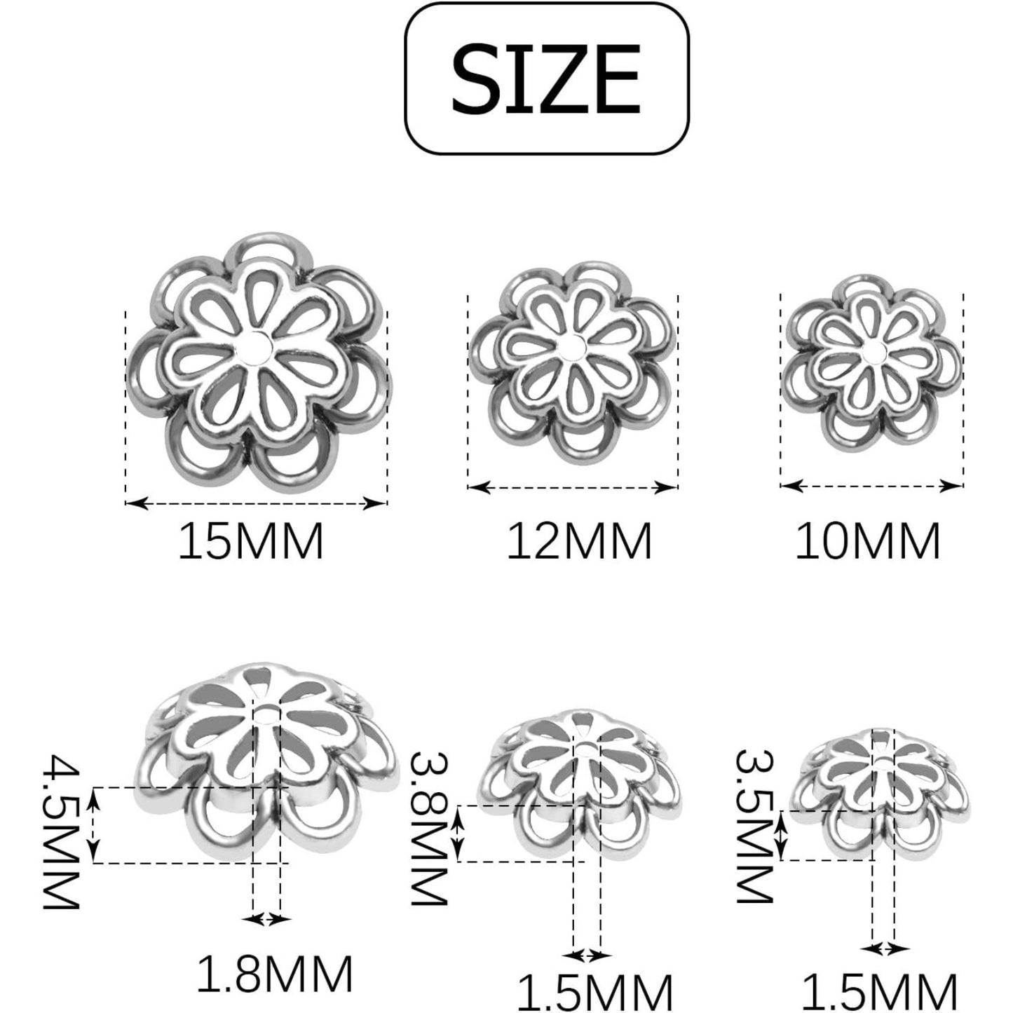 Hollow Double Flower Bead Caps - 120pcs Alloy Spacers for Jewelry Making, DIY Crafts, Bracelets, Necklaces - Antique Silver, 10mm, 12mm, 15mm
