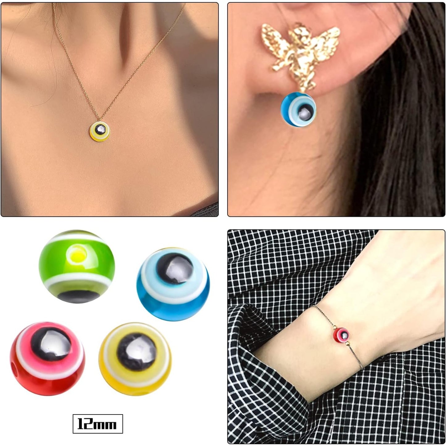 Evil Eye Beads Charms, 100pcs 12 mm Multi-color Lampwork Evil Eye Beads Flat Round Charms Handmade Spacer Beads Pendants Accessories for Bracelets Necklace Jewelry Making