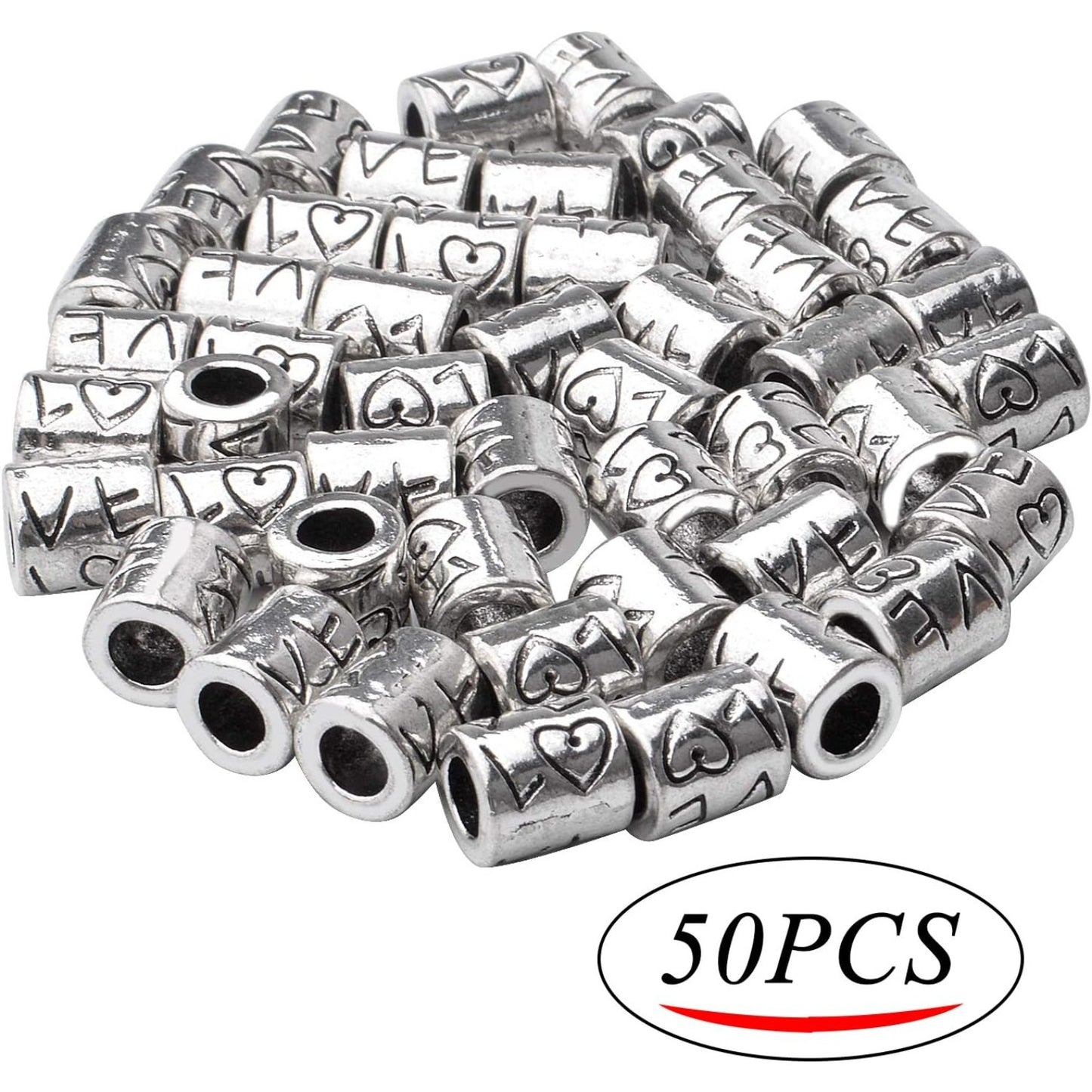 50pcs Tibetan Antique Silver Large Hole Spacer Beads 'Love' Word Column Beads Tube Spacers for Bracelet Necklace Jewelry Crafts Making Supplies
