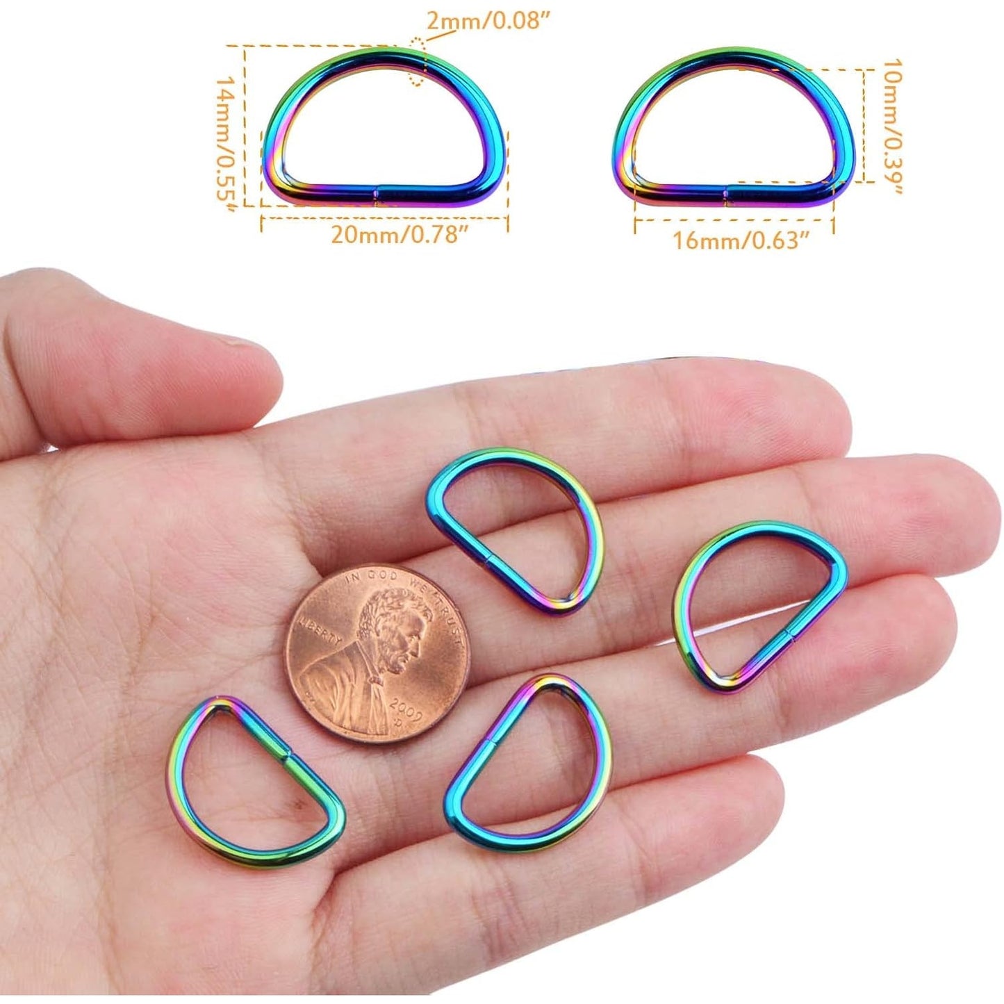 BronaGrand 20pcs Metal Semi-Circular D Rings Multipurpose Half Round D-shaped Rings Buckle Clips DIY Accessories for Bags Purse Backpack Belt Clothing Sewing, Rainbow Color