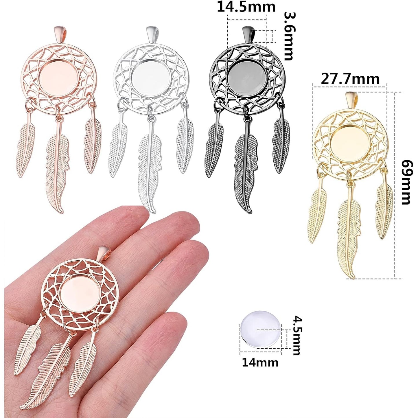 8 Sets Dream Catcher Pendant Trays Dangling Dreamcatcher Charms Feather Filigree Pendants Ornament with Clear Dome Glass Cabochons for DIY Jewelry Making, 4 Colors
