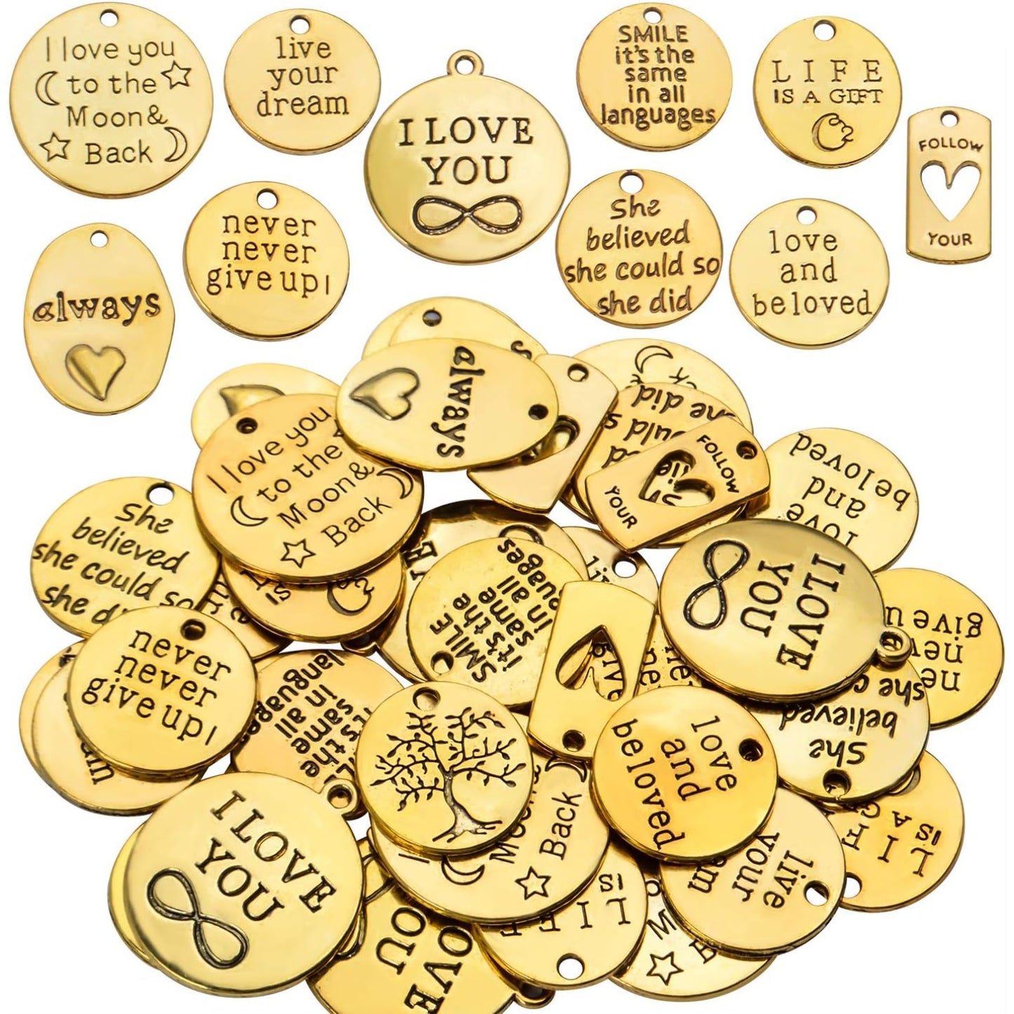 40pcs Inspiration Words Charms Craft Supplies Beads Charms Pendants for Crafting, Jewelry Findings Making Accessory For DIY Necklace Bracelet,Antique Gold