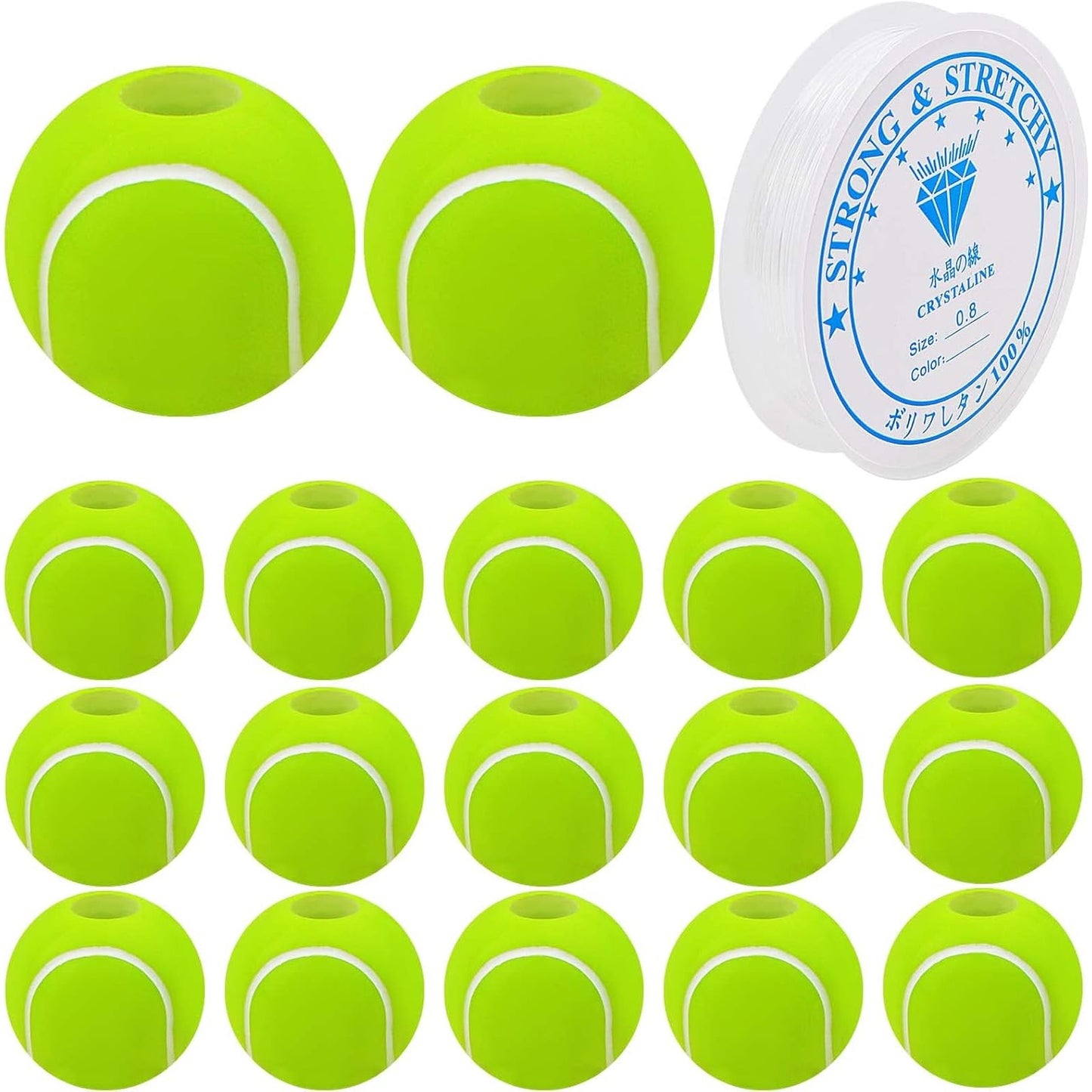 120pcs Tennis Spacer Beads Acrylic Tennis Sport Pony Beads with A Roll Crystal Wire Jewelry Findings Accessories for DIY Necklace Bracelet Keychain Crafts Decoration