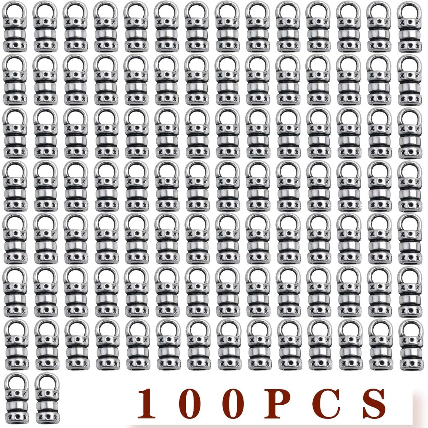 100pcs Antique Silver Cord End Caps Tibetan Alloy Leather Tassel Caps Barrel Leather Cord Link Buckle Tips Glue-in End Caps Accessories for DIY Bracelet Necklace Jewelry Making