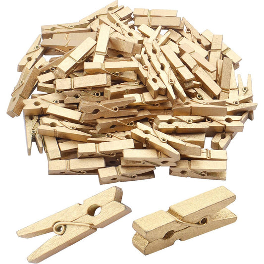 100pcs Mini Gold Wooden Utility Paper Clips, Clothespins, Photo Clips