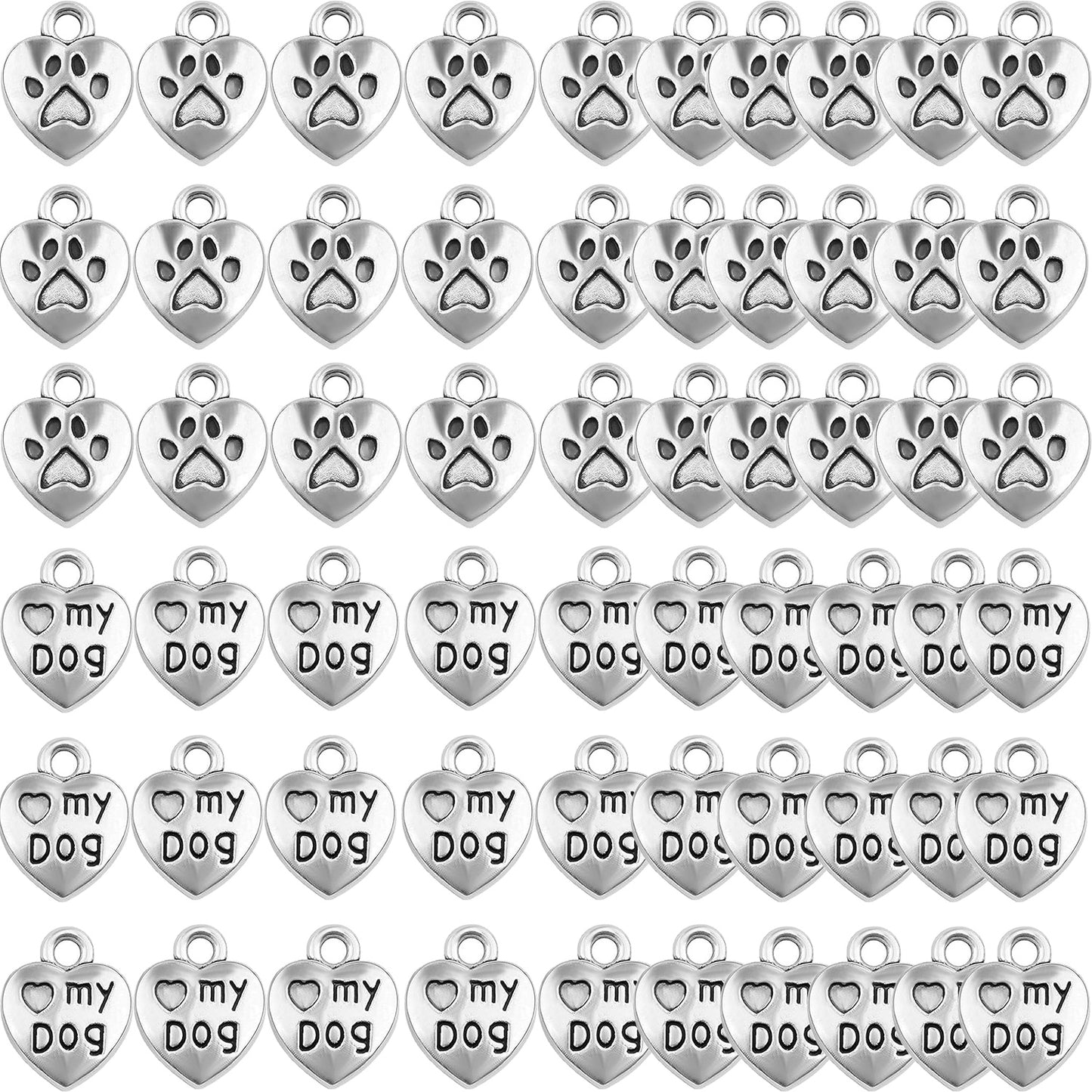 60pcs Love My Dog Lettering Word Charms Tibetan Alloy Heart Dog Paw Print Pendants Double-Sided Animal Pet Puppy Footprint Charms for DIY Necklace Bracelet Jewelry Making, 3 Colors