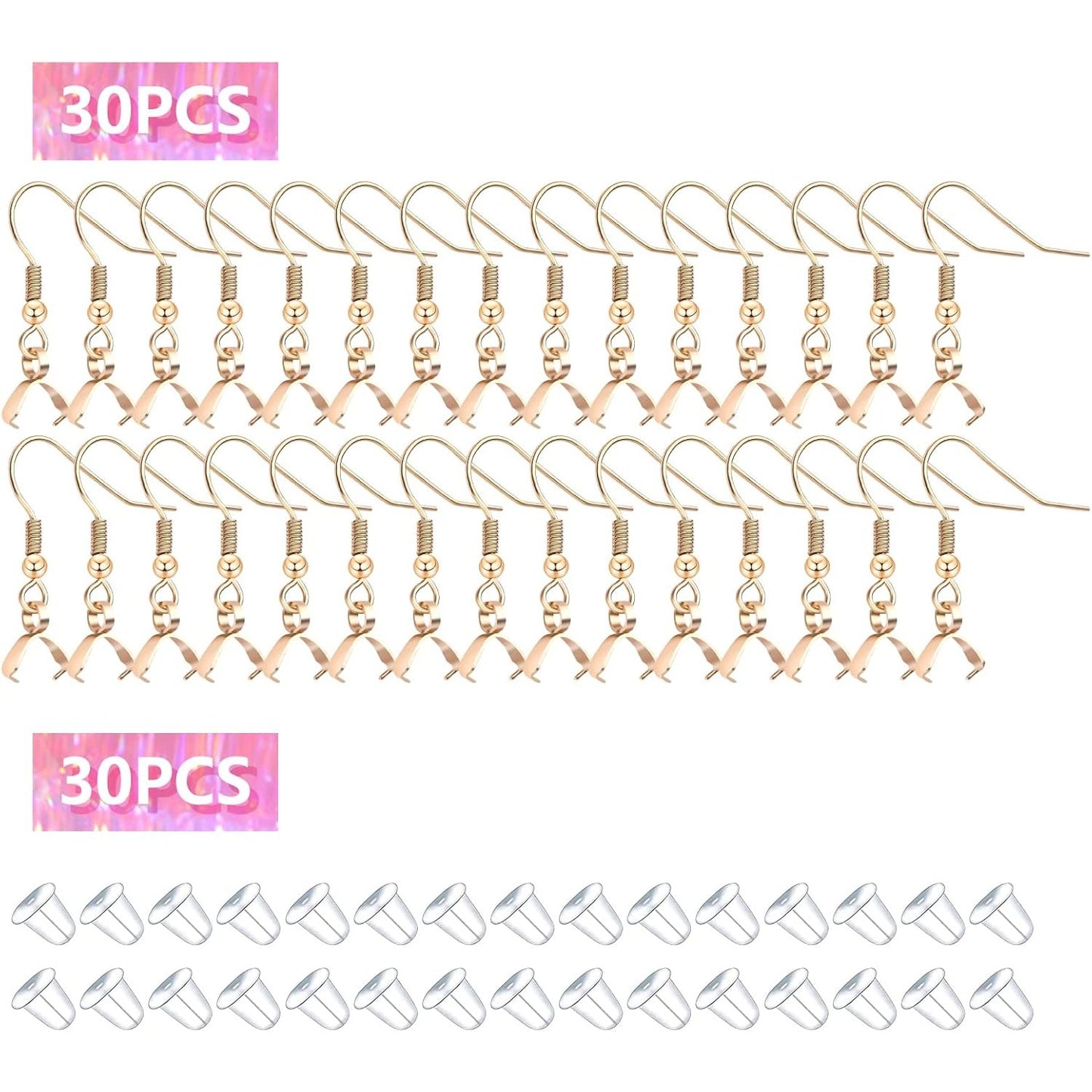 30pcs Stainless Steel Earring Hooks Ear Wire Buckle French Fish Hook Earrings with Pendant Clasp and 30pcs Silicone Bullet Earring Backs for DIY Craft Jewelry Making, Golden