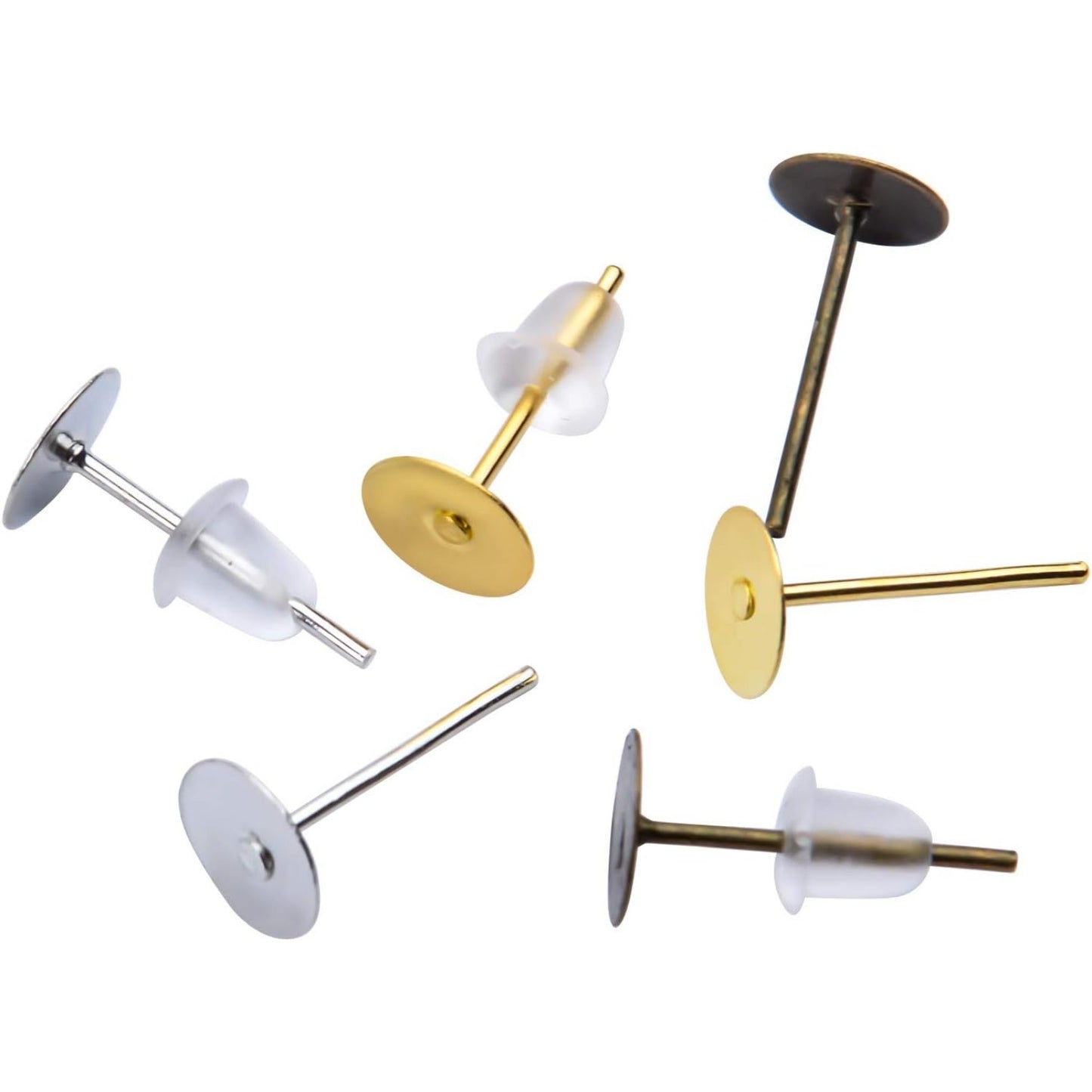 300pcs Stainless Earring Posts Flat Pads with 300pcs Clear Bullet Earring Backs for Jewelry Making,Gold Silver Bronze