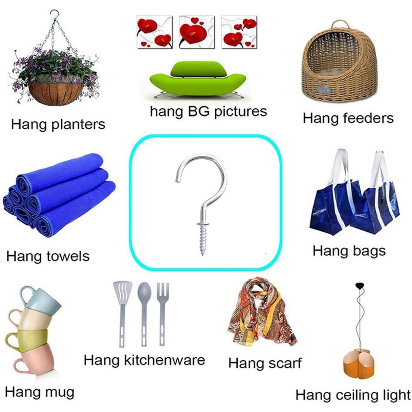 20Pcs 2.8 inches Silver Metal Cup Hooks Round End Ceiling Wall Hooks for Hanging Plants, Lights, Curtains, Kitchen Towels