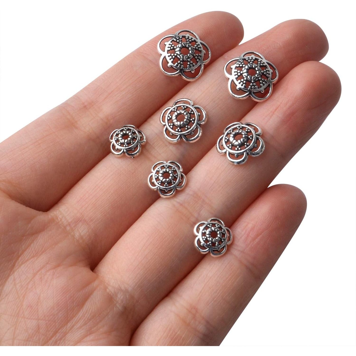 200pcs 12mm/10mm/8mm Antique Silver Flower Bead Caps Alloy Tibetan Spacer Bead Caps Bali Style Jewelry Spacer Caps for Earring Necklace Jewelry Making Supplies