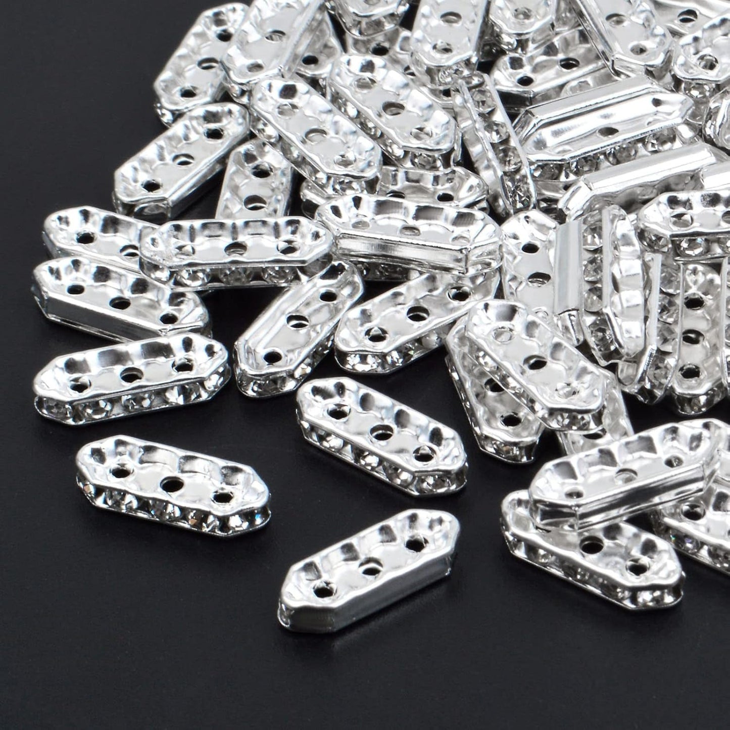 100pcs Silver Rhinestone Spacer Bars 3 Holes Crystal Spacer Beads Connector Loose Beads for DIY Multi Strand Bracelet Jewelry Making, 17.5x7mm