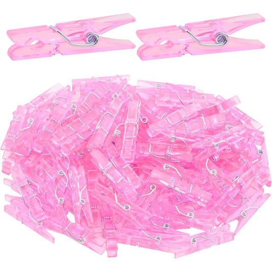 100 Pieces Clear Plastic Clothespins Mini Transparent Craft Clips Pictures Paper Peg Pins for Hanging Photos String Fairy Lights Wedding Party Decor, Pink