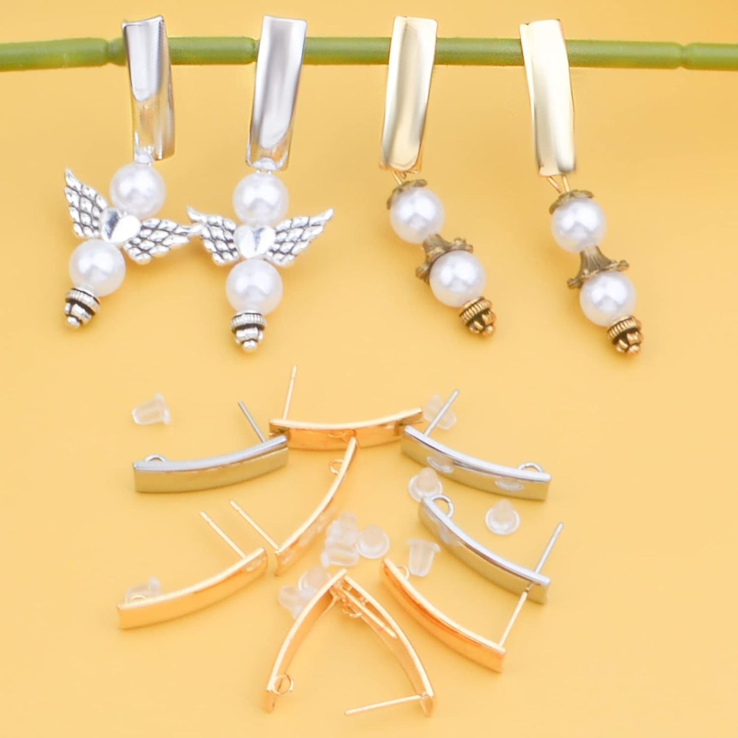 20pcs 2 Colors Stainless Steel Earring Posts with Loop Hypoallergenic Rectangle Stud Earrings Findings and 20pcs Clear Bullet Earring Backs for DIY Jewelry Making