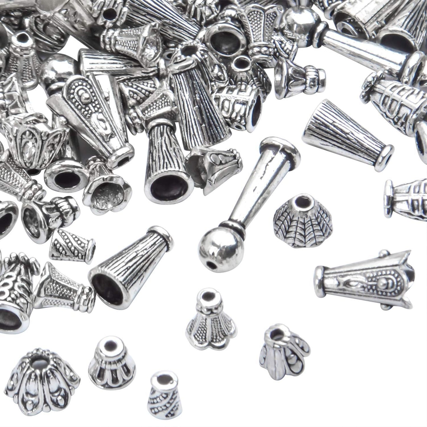 100 Gram (About 130-190pcs) Antique Silver Cone Bead Caps Flower End Caps Tassel End Cap for Jewelry Making Crafts DIY