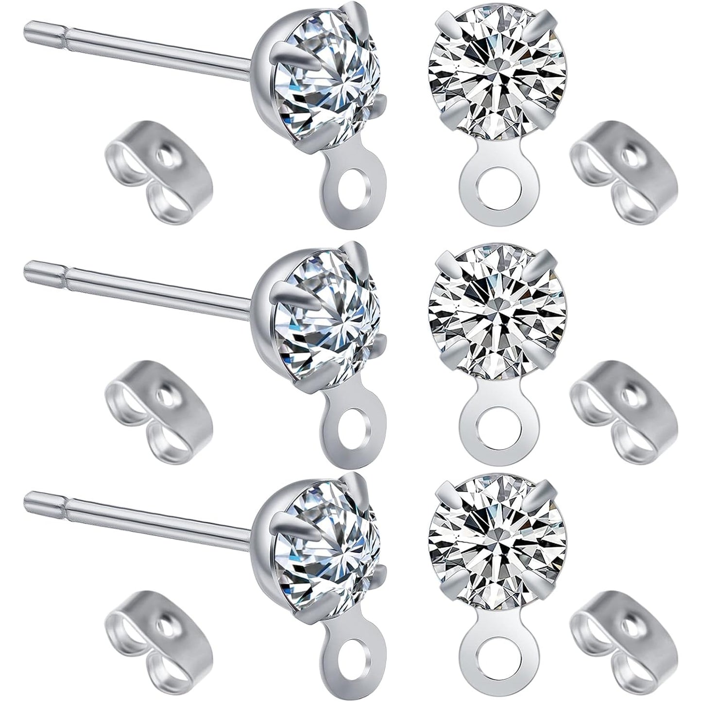 30pcs Stainless Steel Earring Posts Rhinestone Earring Studs Hypoallergenic Cubic Zirconia Ear Studs and 30pcs Butterfly Earring Backs for DIY Jewelry Making Birthday Party Favor Gifts