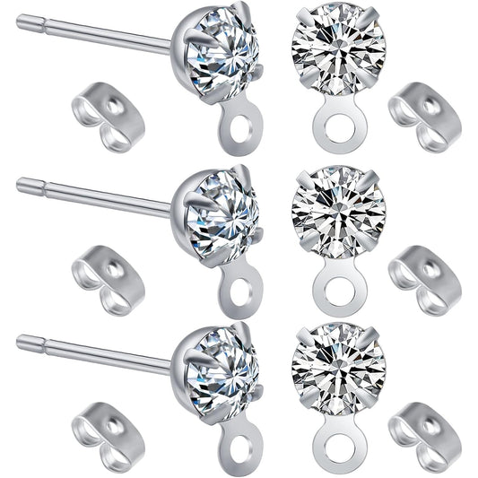 30pcs Stainless Steel Earring Posts Rhinestone Earring Studs Hypoallergenic Cubic Zirconia Ear Studs and 30pcs Butterfly Earring Backs for DIY Jewelry Making Birthday Party Favor Gifts