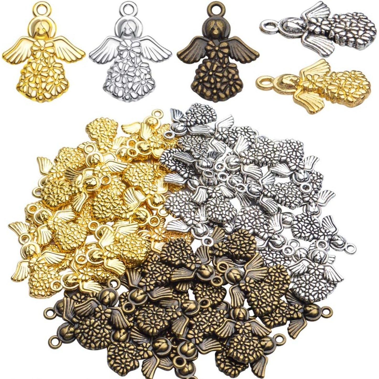 Angel Charms Pendant, 60pcs Tibetan Guardian Angel Charms Antique Alloy Angel Fairy Pendant Crafts Supplies for Necklace Bracelet Jewellery Making, Antique Bronze, Antique Silver, Golden