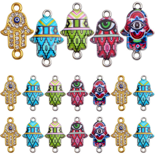 30pcs Mixed Alloy Rhinestone Hamsa Hand of Fatima Charms Colorful Evil Eye Hamsa Hand Frame Pedants Connectors for DIY Art Craft Jewelry Making Christmas Gifts, 2 Styles