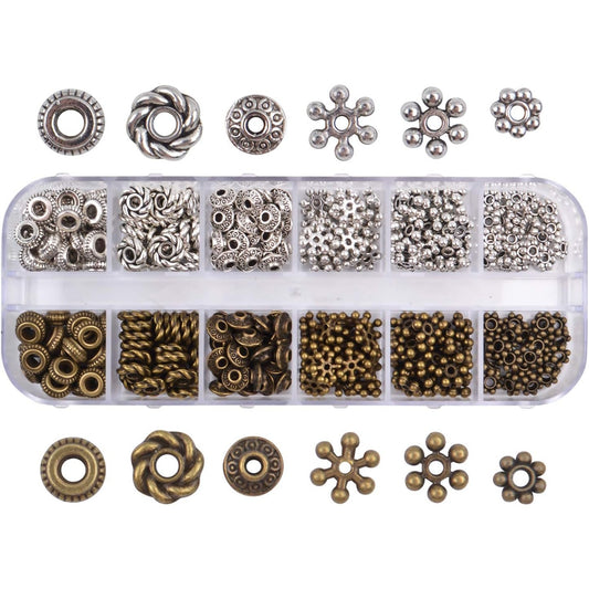 Tibetan Spacer Beads, 300 Pieces Alloy Beads Jewelry Findings for Bracelet Necklace Jewelry Making, 6 Styles, Antique Silver and Bronze
