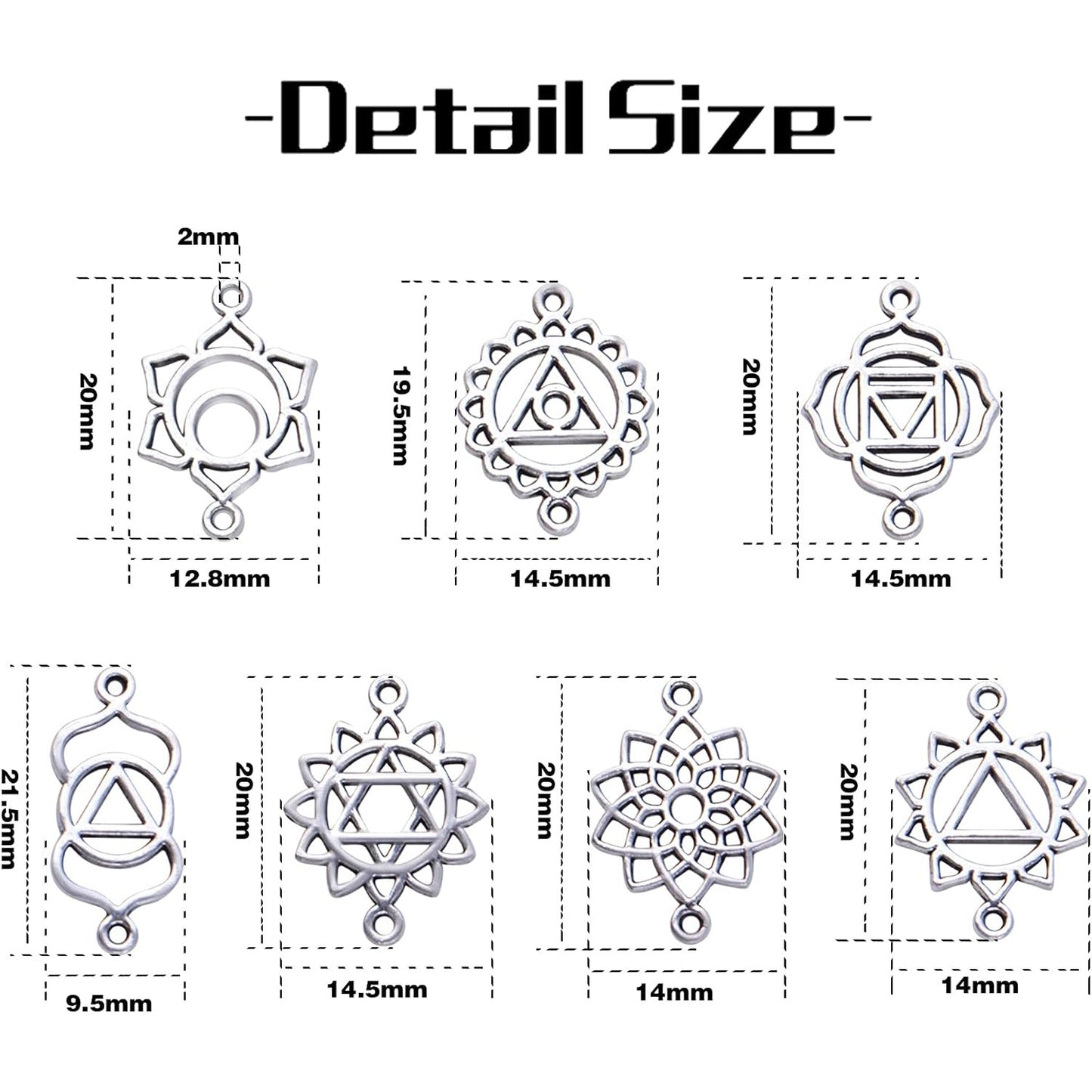 70pcs Antique Silver Chakra Energy Charms Connectors Tibetan Alloy Hollow Flower Chakra Pendants Charms Craft Supplies for DIY Bracelet Necklace Earring Jewelry Making Accessories, 7 Styles