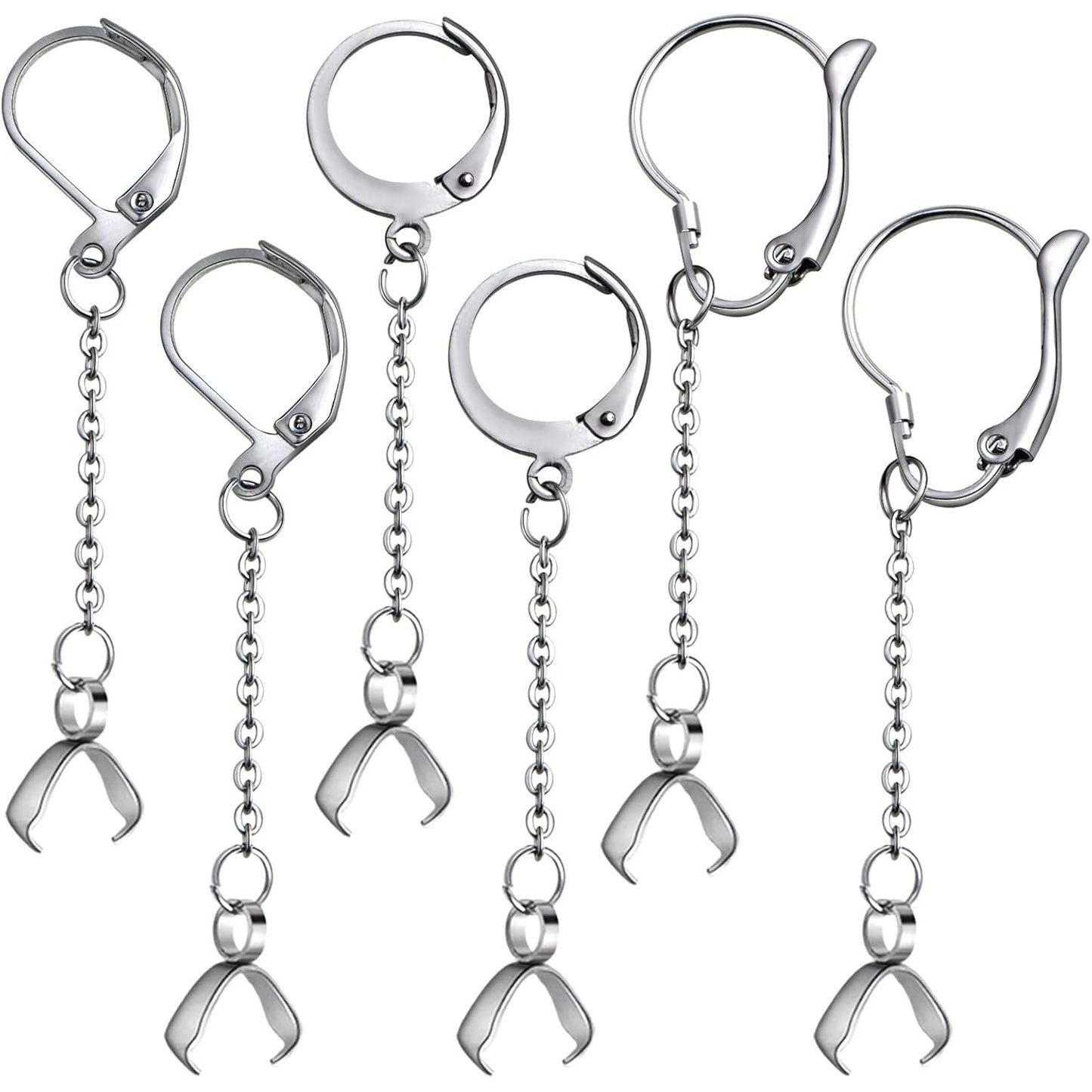 6pcs Stainless Steel Leverback Earring Hooks Hypoallergenic French Ear Wires with Open Loop and Pinch Clasp Chains for DIY Earring Jewelry Making Findings, 3 Sizes