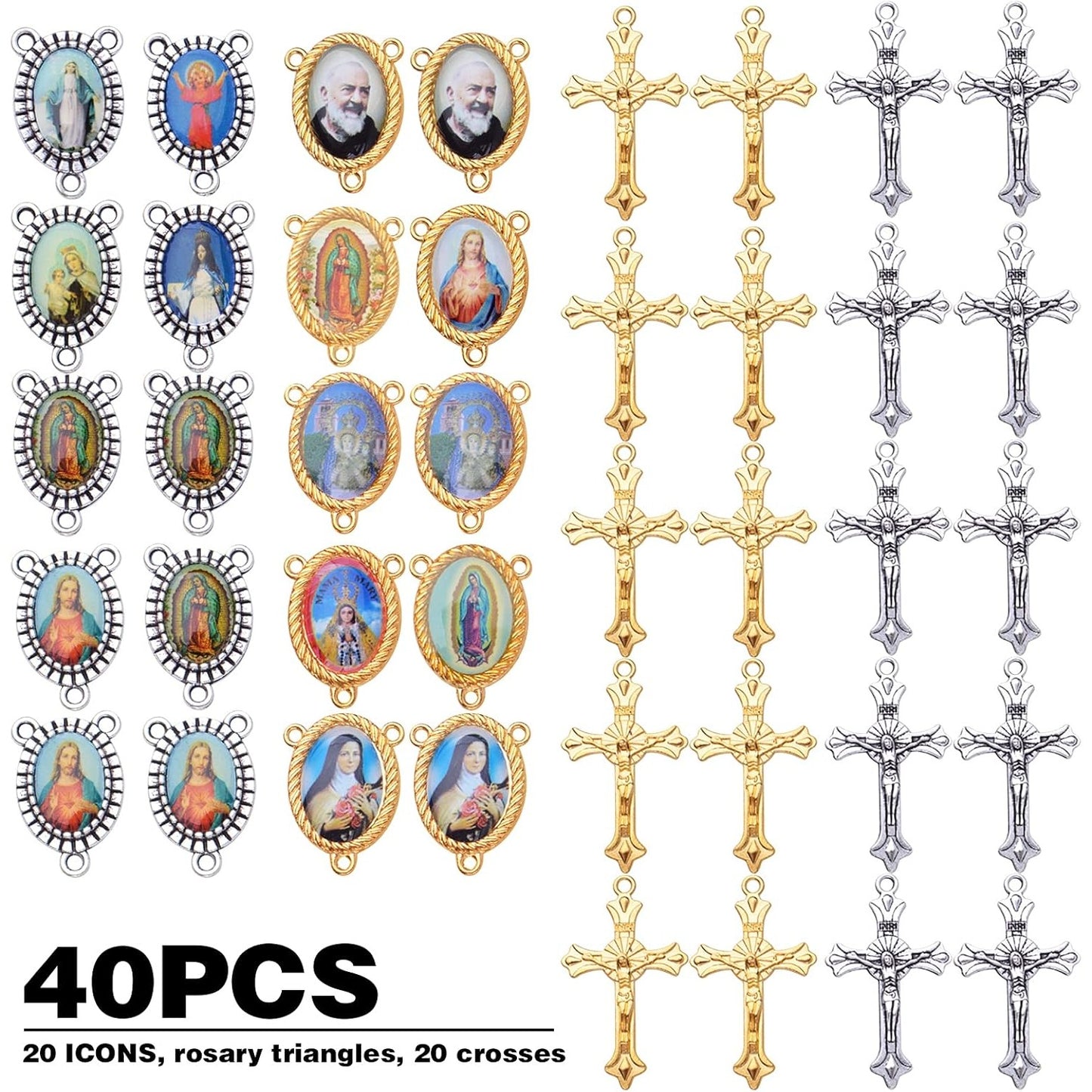 20pcs Rosary Cross Center Charms Pendants and 20pcs Mixed Picture Miraculous Jesus Maria Our Lady Crucifix Catholic Virgin Oval Chandelier Links for DIY Rosary Necklace Bracelet Jewelry Making