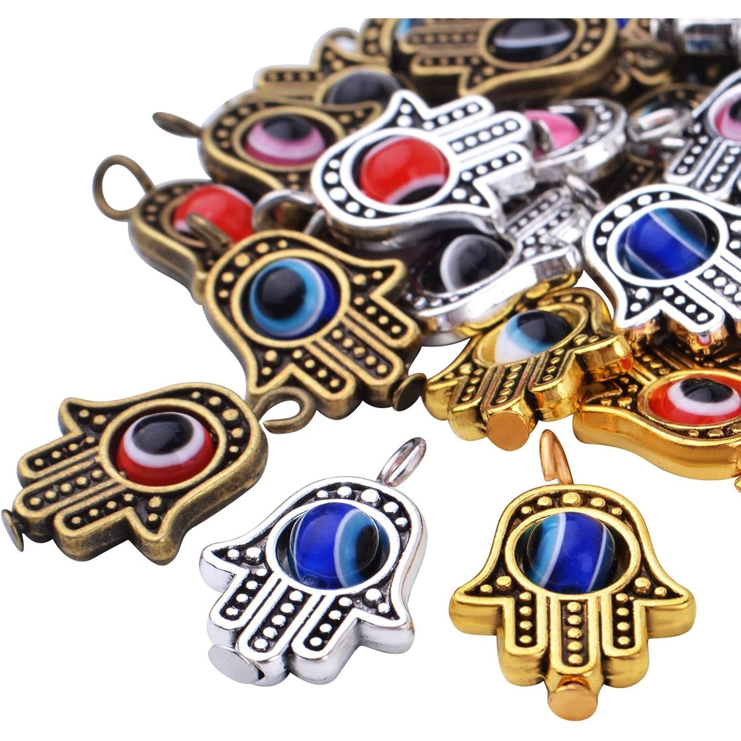 30pcs Hamsa Hand Charms Evil Eye Bead of Fatima Symbol Pendants Hamsa Hand Beads Frame Charms for DIY Necklace Bracelet Earrings Crafts Jewelry Making Findings, 3 Colors