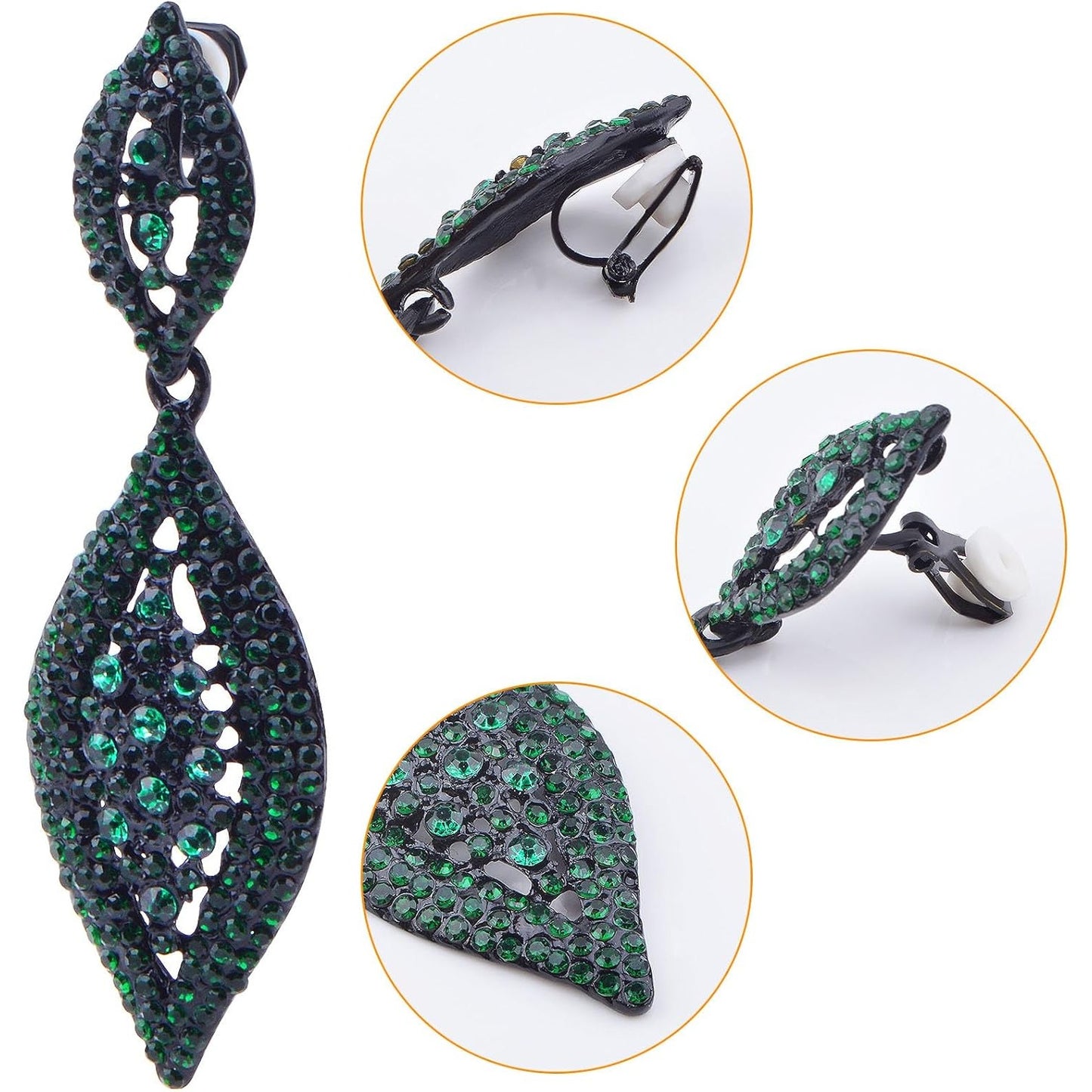 1 Pair Dark Green Clip on Earrings Rhinestone Crystal Wedding Bride Earring Clips Gorgeous Leaf Drop Clip-on Dangle Earrings for Women Non Pierced Ears Earrings Decor