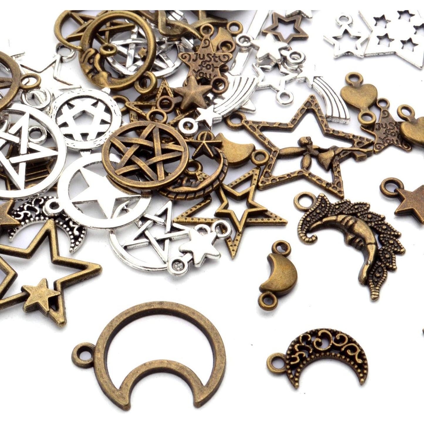 100pcs Mixed Sun Moon Star Charms Antique Alloy Celestial Charms Pentagram Pendants for Bracelets Necklaces Crafts