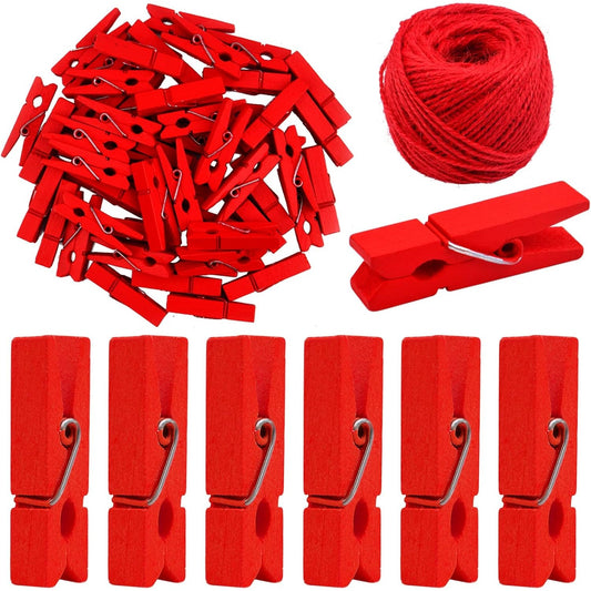 50 Pieces Red Wooden Clothespins Photo Paper Clips Mini Laundry Peg Pins with 50 Meters Twine for DIY Crafts Christmas Wedding Party Decoration