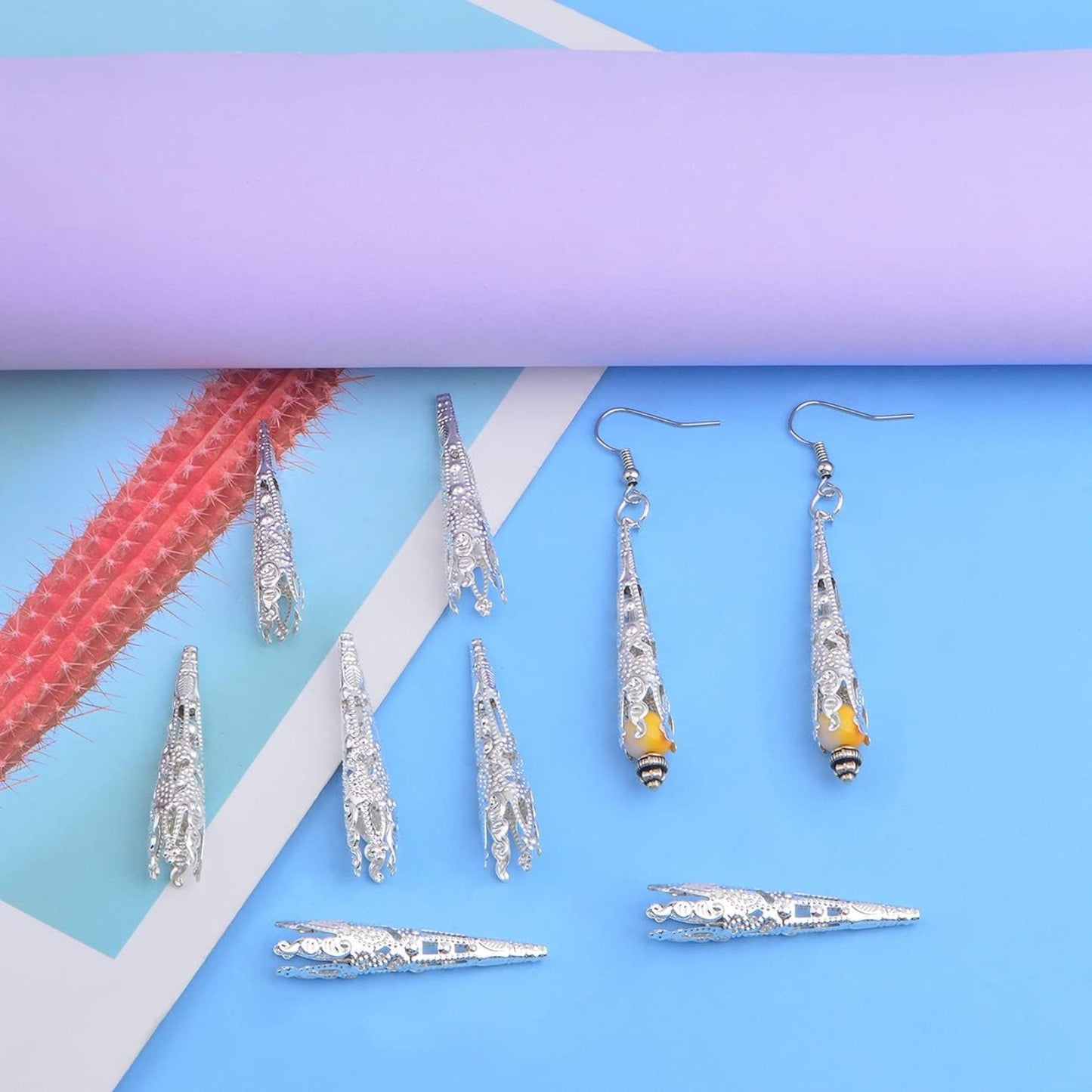 100pcs Silver Long Flower Bead Caps Hollow Cone Bead End Caps Filigree Flower Spacers Hair Braid Beads Accessories for DIY Neckalce Earrings Hairpins Craft Projects