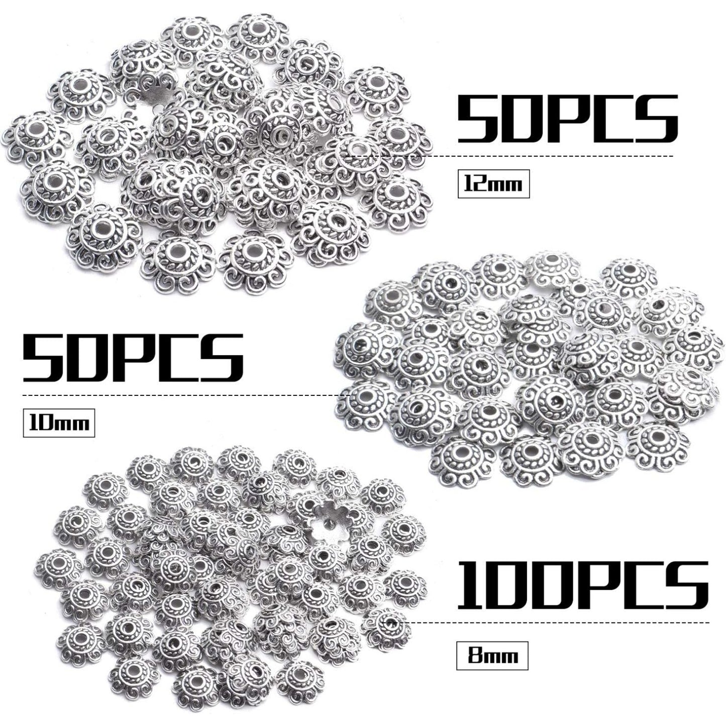 Spacer Bead Caps, 200pcs 8mm/10mm/12mm Metal Flower Bead Caps for Jewelry DIY Necklace Bracelet Making, Antique Silver