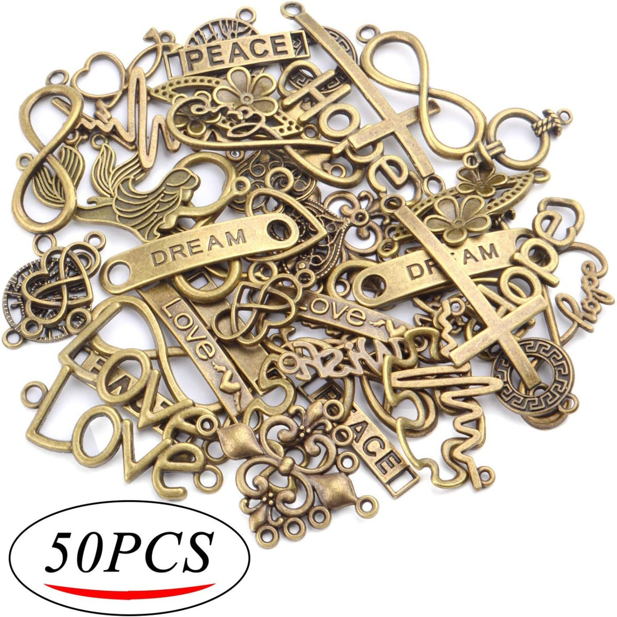 Words Connector Charms, 50 Pieces Mixed Word Letter Connector Pendant Infinity Symbol Link Charms for DIY Necklace Bracelet Jewelry Making - Antique Bronze